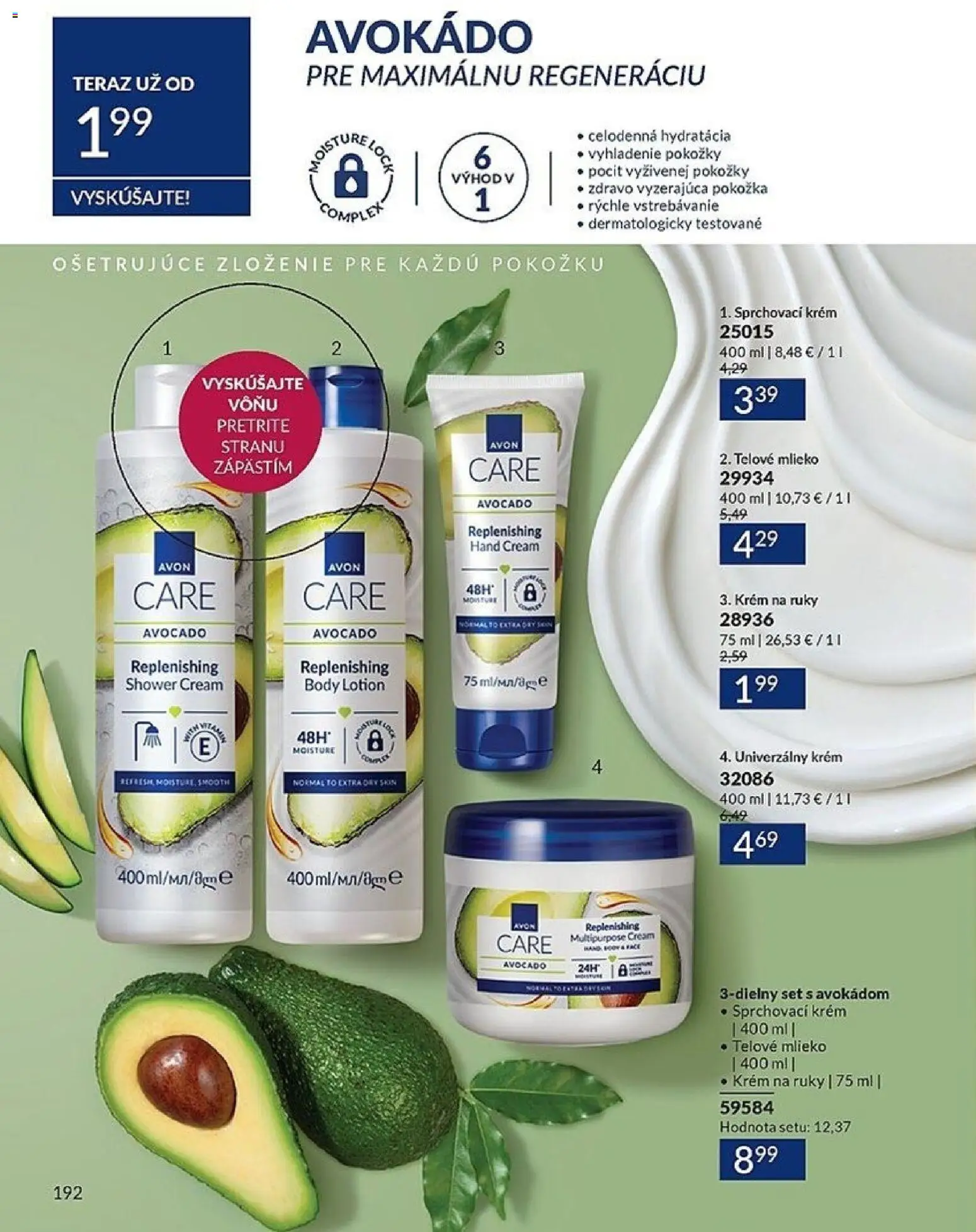 Nové Avon akcie – leták je platný od 01.01.2026 | Strana: 192 | Produkty: Mlieko, Telové mlieko, Krém na ruky, Avokádo