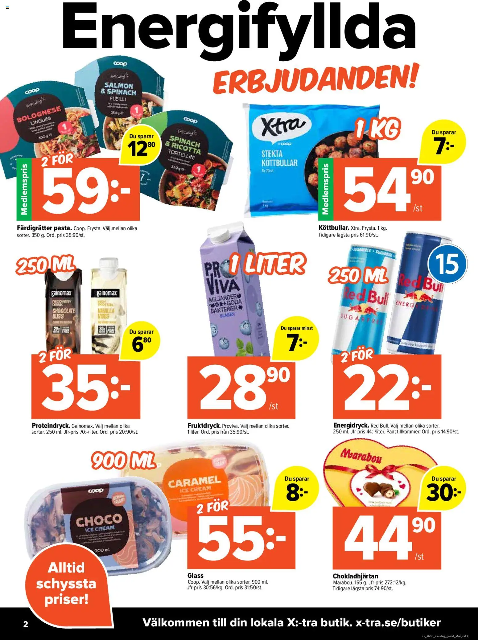 Coop X:-TRA reklamblad aktuell från 02.02.2026 | Sida: 2 | Produkter: Red bull, Köttbullar, Glass, Blåbär