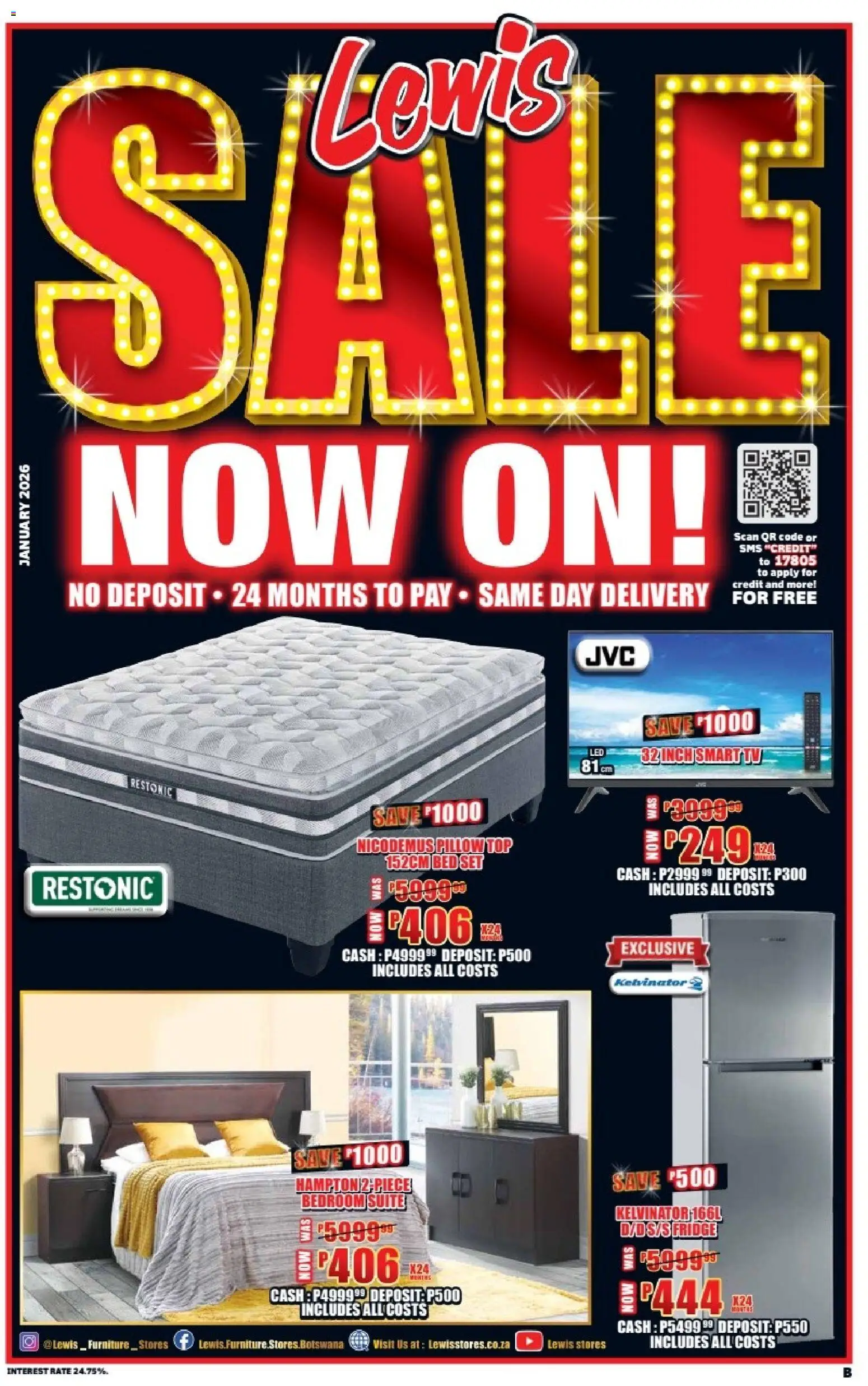 New Lewis Stores catalogue – valid from 05.01.2026 | Page: 1 | Products: Bed, Pillow, TV, Fridge