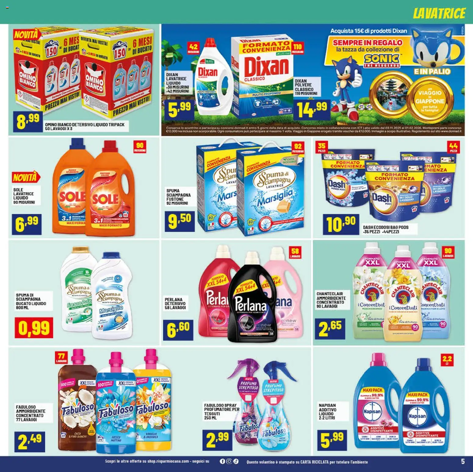 Volantino RisparmioCasa del 07.01.2026 | Pagina: 5 | Prodotti: Ammorbidente, Tè, Lavatrice, Profumo