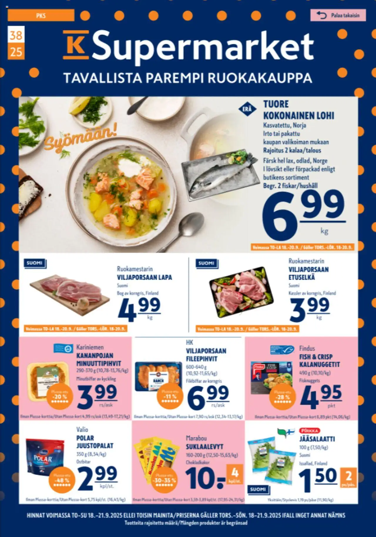 K-Supermarket tarjoukset – voimassa 18.09.2025 alkaen | Sivu: 1 | Tuotteet: Lohi, Kokonainen, Suklaalevyt