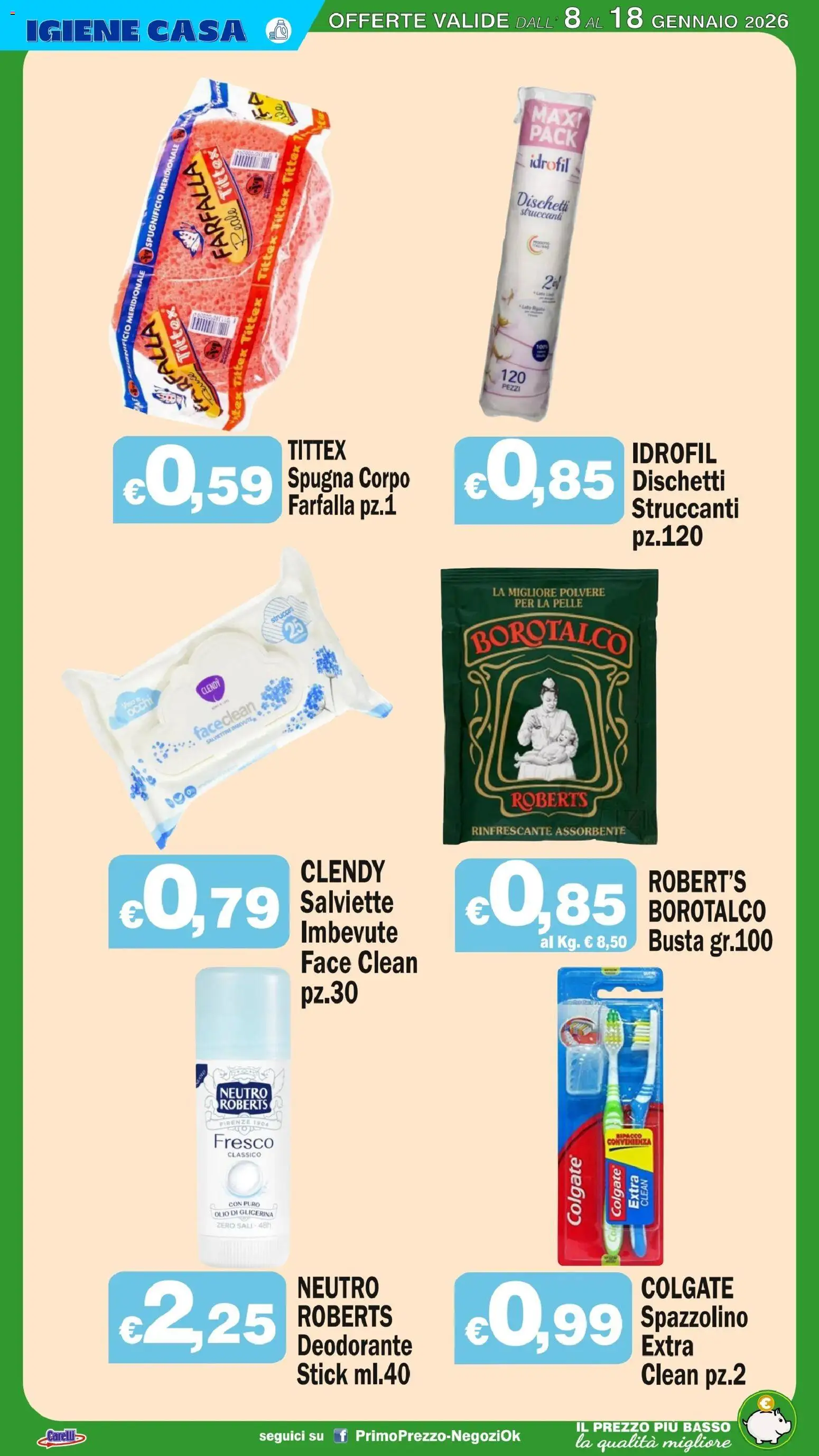 Volantino Primo Prezzo del 08.01.2026 | Pagina: 23 | Prodotti: Spugna, Spazzolino, Dischetti struccanti, Olio