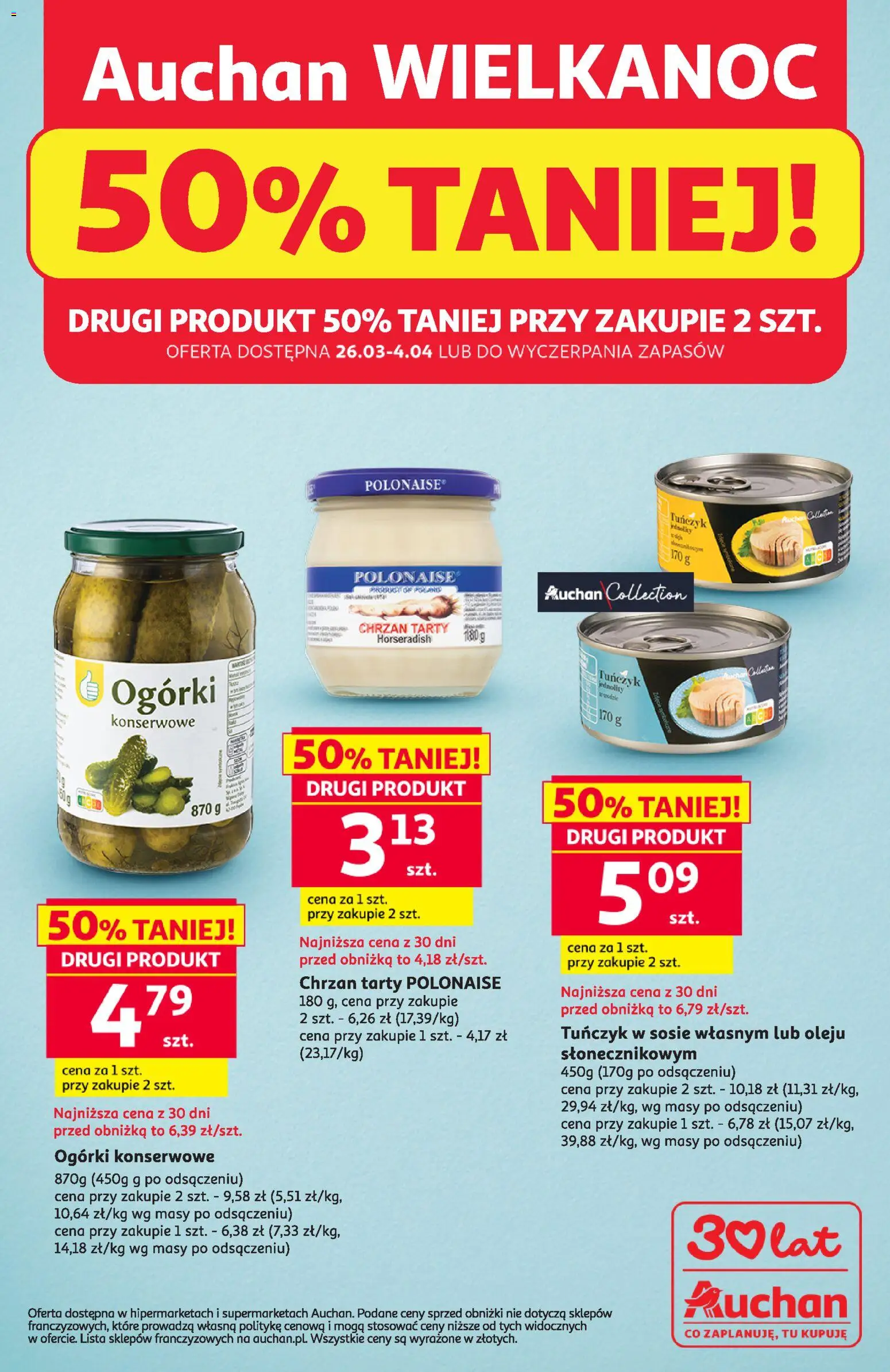 Auchan gazetka - Wielkanoc 50% Taniej od 26.03.2026 | Strona: 1 | Produkty: Tuńczyk w sosie własnym, Tuńczyk, Ogórki, Ogórki konserwowe