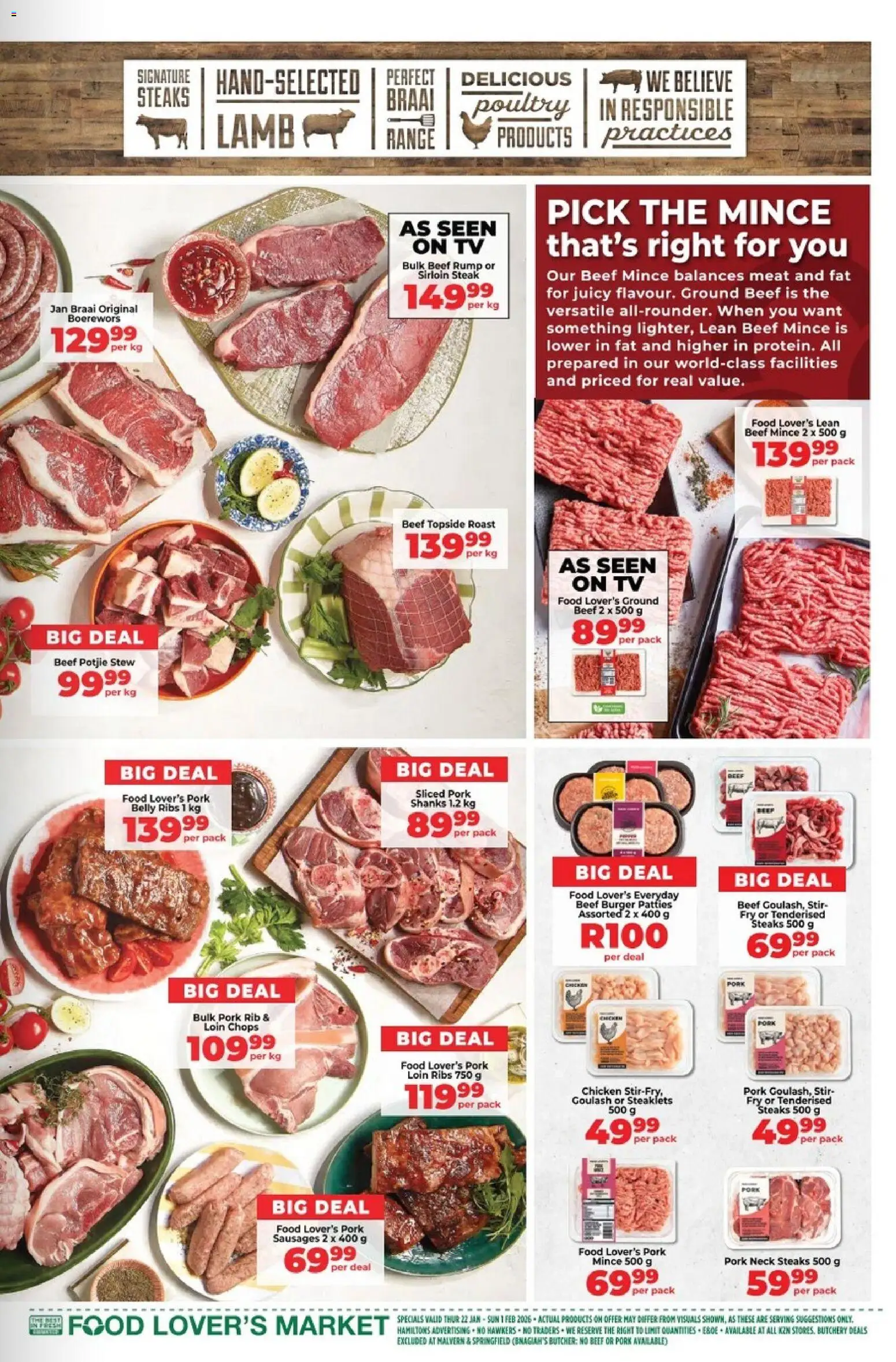 New Food Lover's Market catalogue – valid from 22.01.2026 | Page: 9 | Products: Steak, Boerewors, Limpiador íntimo, Chicken