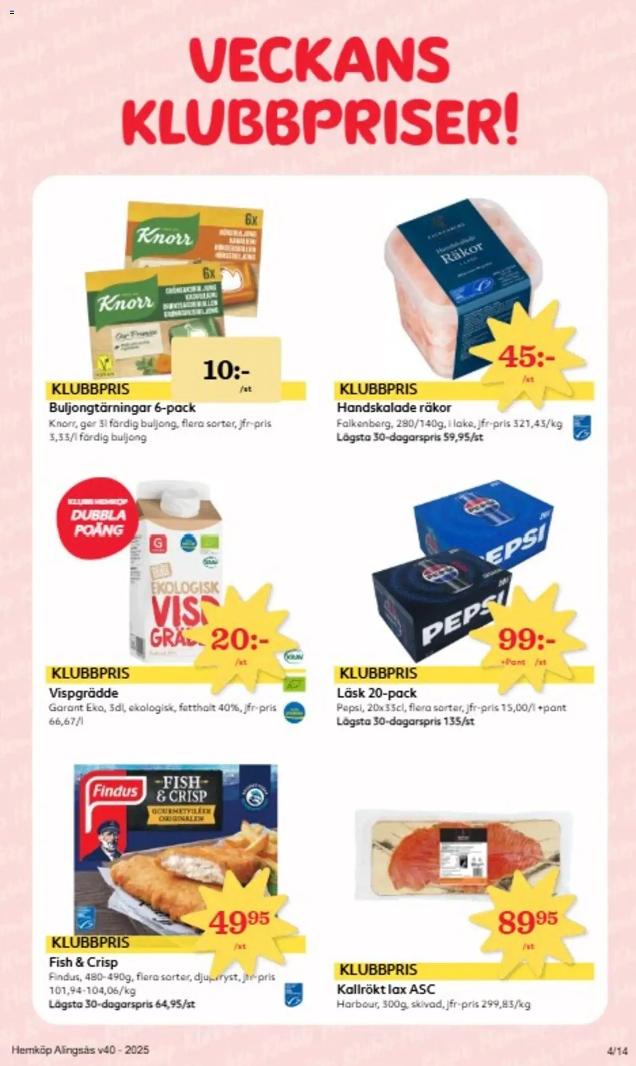 Hemköp reklamblad aktuell från 29.09.2025 | Sida: 4 | Produkter: Pepsi, Räkor, Lax, Vispgrädde