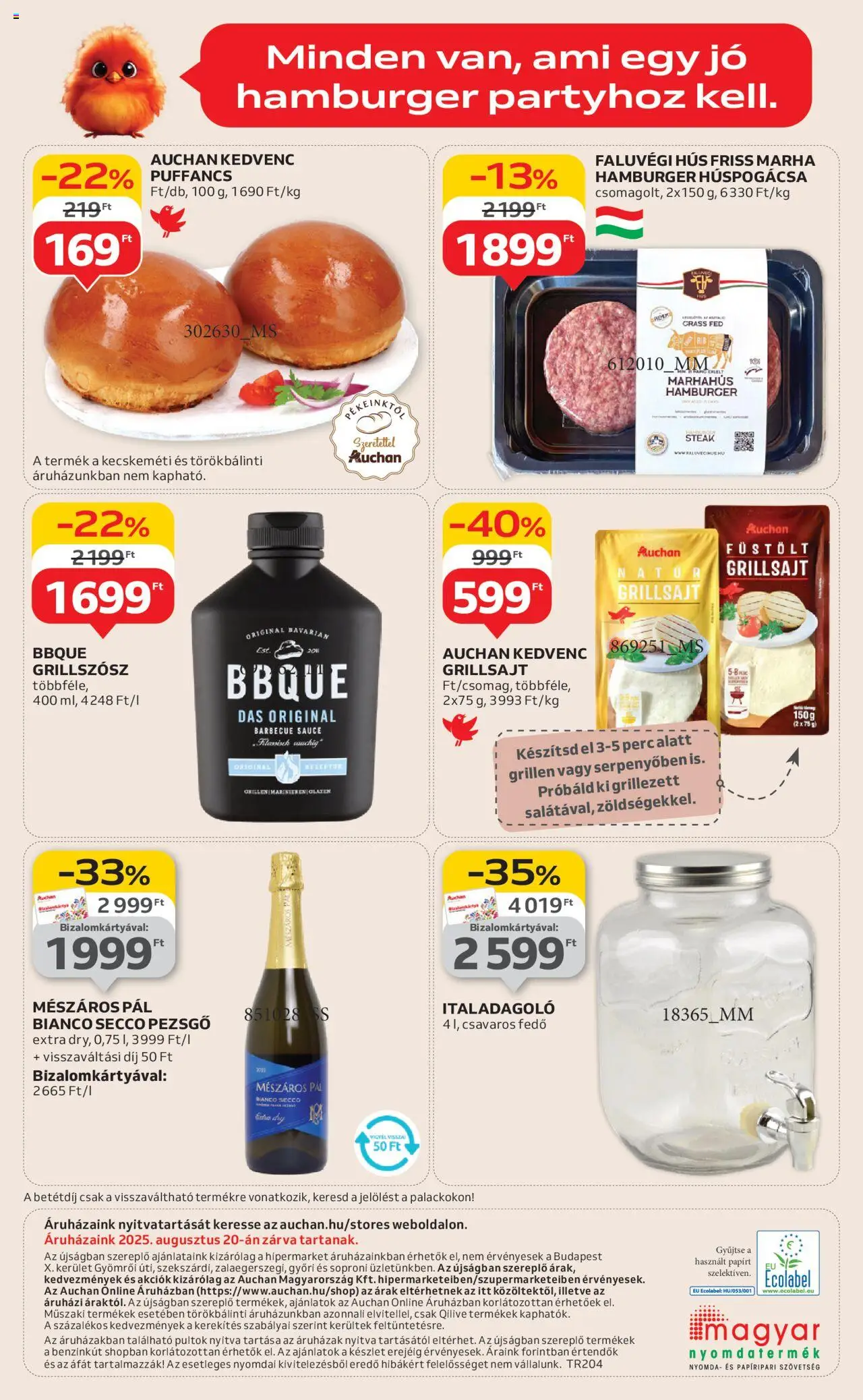 Auchan akciós ujság - amely érvényes a következő dátumtól: 07.08.2025 | Oldal: 15 | Termékek: Hamburger, Hús, Grillsajt, Pezsgő