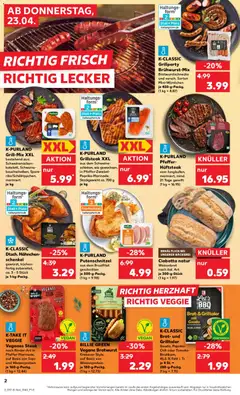 K-PURLAND Putenschnitzel, aus dem Brustfilet geschnitten je 500-g-Packg. (1 kg = 9.98) ab 23.04.2026 gültig | Seite: 2 | Produkte: Hahnchen, Hahnchenschenkel, Pfeffer, Kuchen