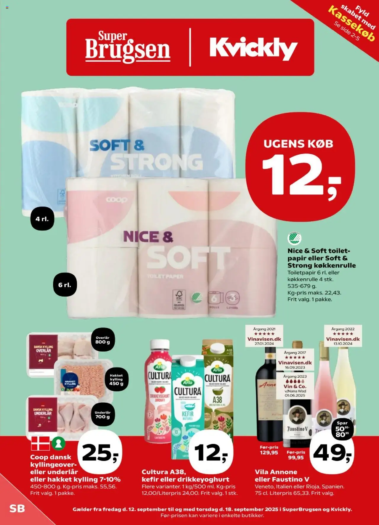 Super Brugsen tilbudsavis – gyldig fra 12.09.2025 | Side: 1 | Produkter: Vin, Jordbær, Toilet, Drikkeyoghurt