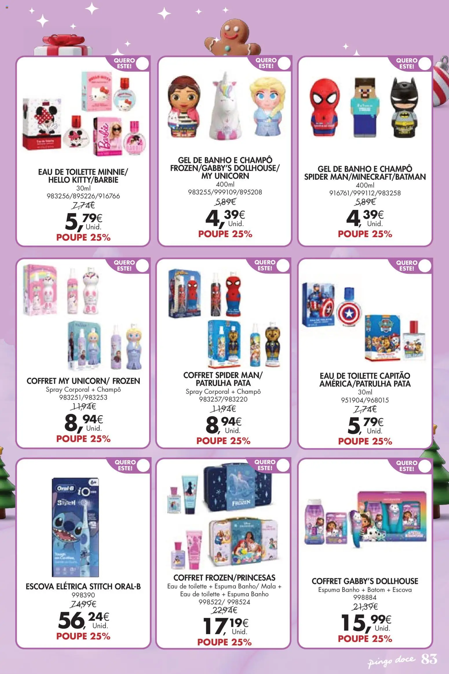 Pingo Doce  Brinquedos Natal Lojas Hipers │ válido de 18.11.2025 | Página: 83 | Produtos: Eau de toilette, Batom, Shampoo, Banho