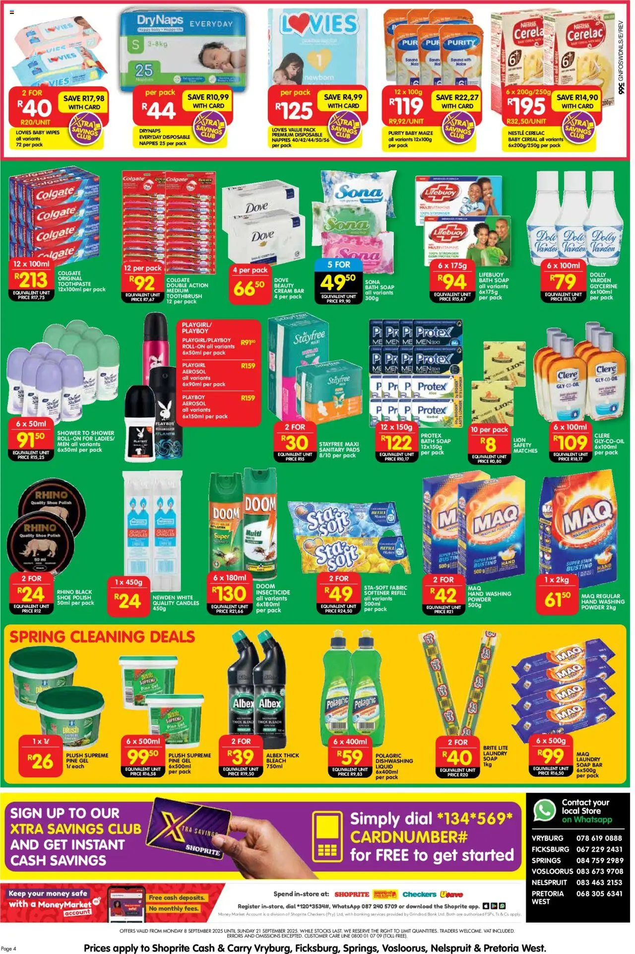 New Shoprite catalogue – valid from 08.09.2025 | Page: 4 | Products: Shower, Pads, Toothpaste, Washing powder