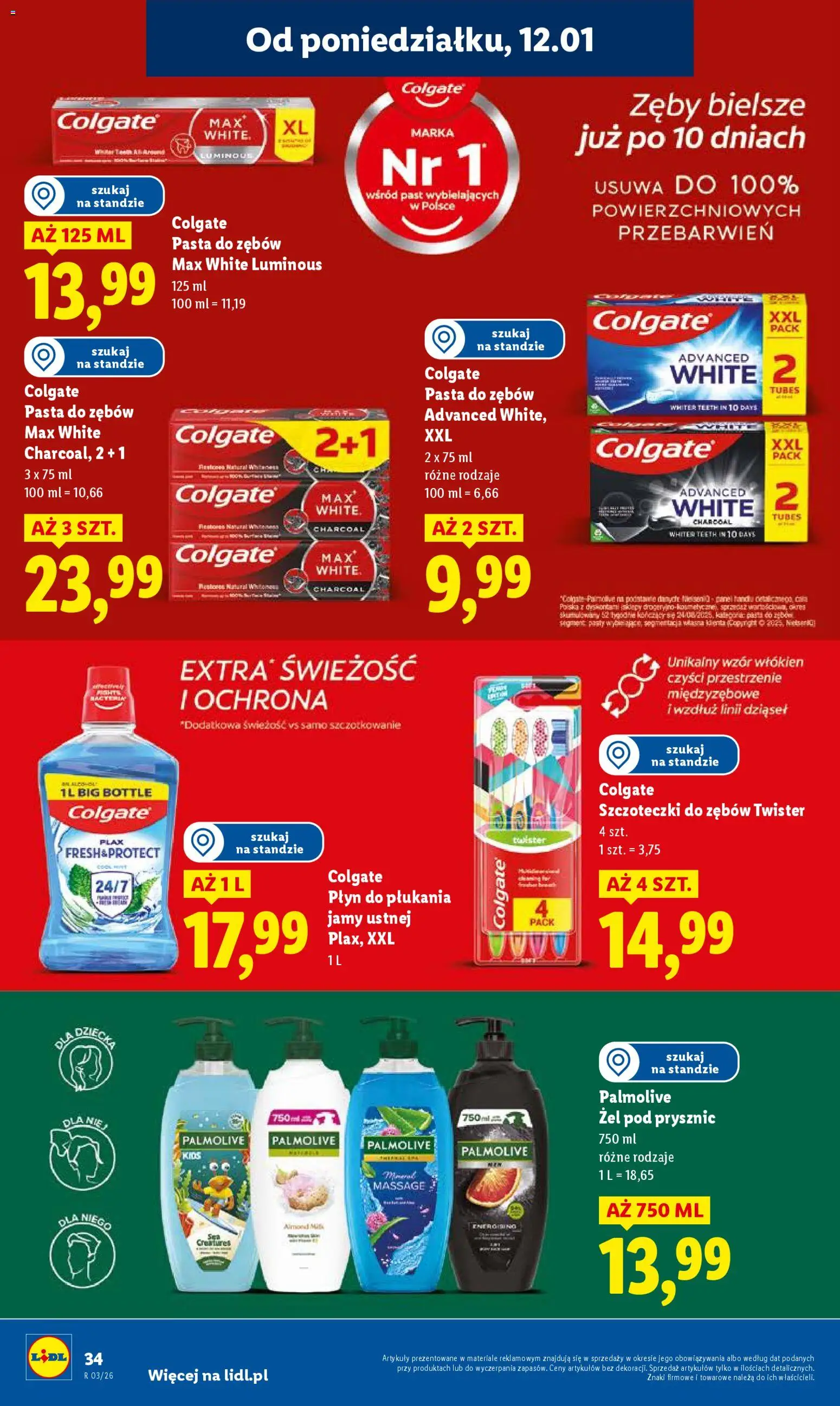 Lidl Gazetka od 12.01.2026 | Strona: 34 | Produkty: Prysznic, Żel pod prysznic, Pasta do zębów, Płyn do płukania jamy ustnej