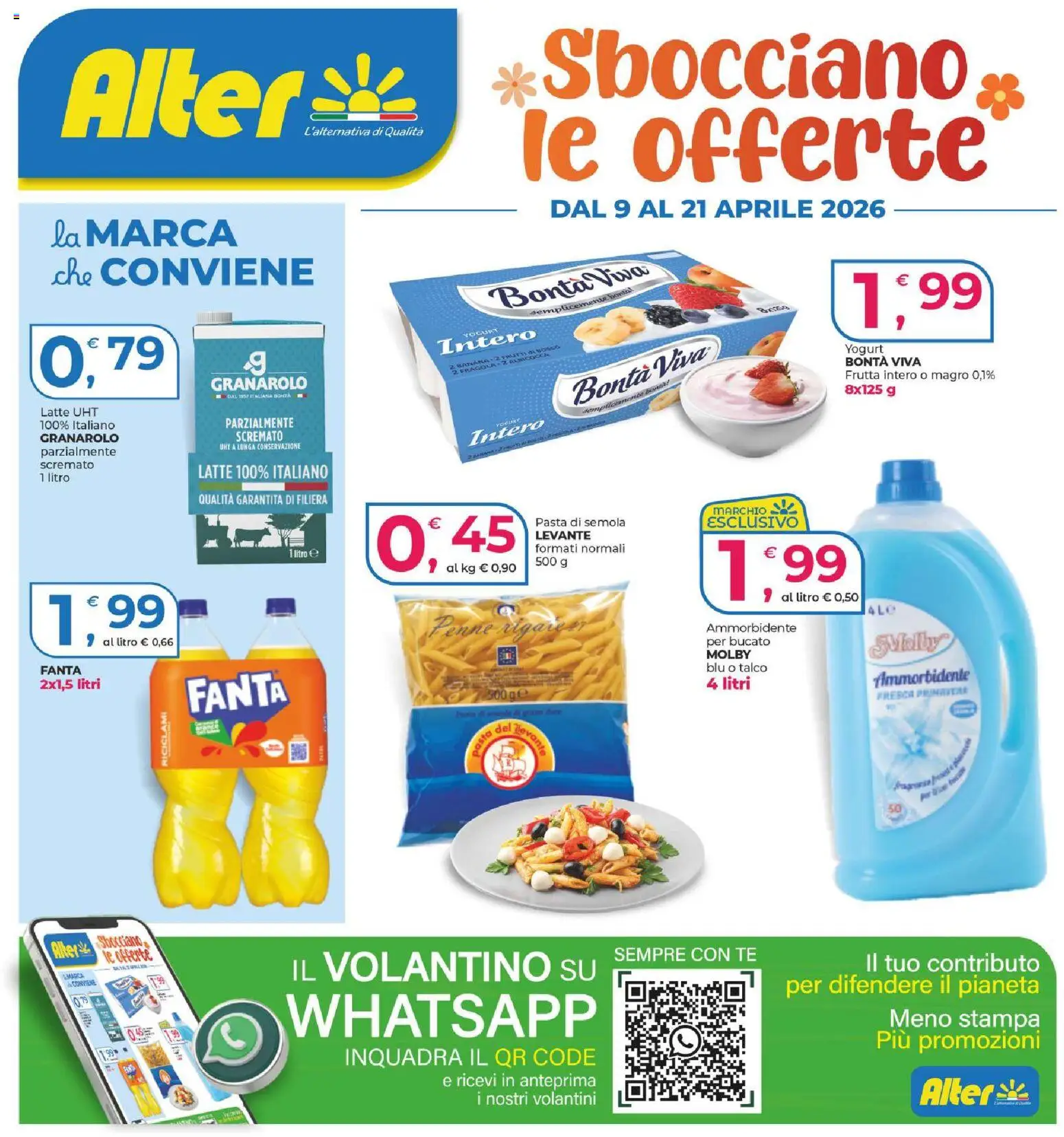 Volantino Alter Discount del 09.04.2026 | Pagina: 1 | Prodotti: Yogurt, Ammorbidente, Fanta, Stampa