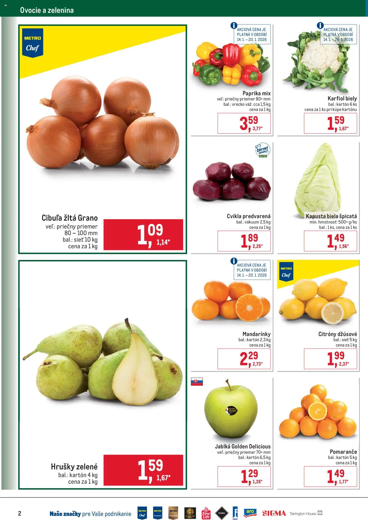 Nové Metro akcie – leták je platný od 14.01.2026 | Strana: 2 | Produkty: Paprika, Pomaranče, Kapusta biela, Karfiol