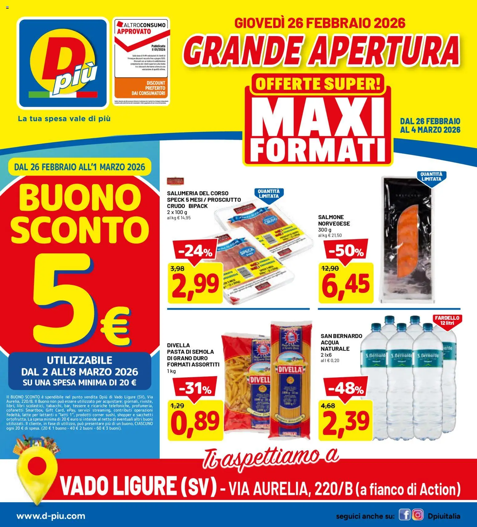 Volantino D Più del 26.02.2026 | Pagina: 1 | Prodotti: Salmone, Acqua, Latte, Prosciutto