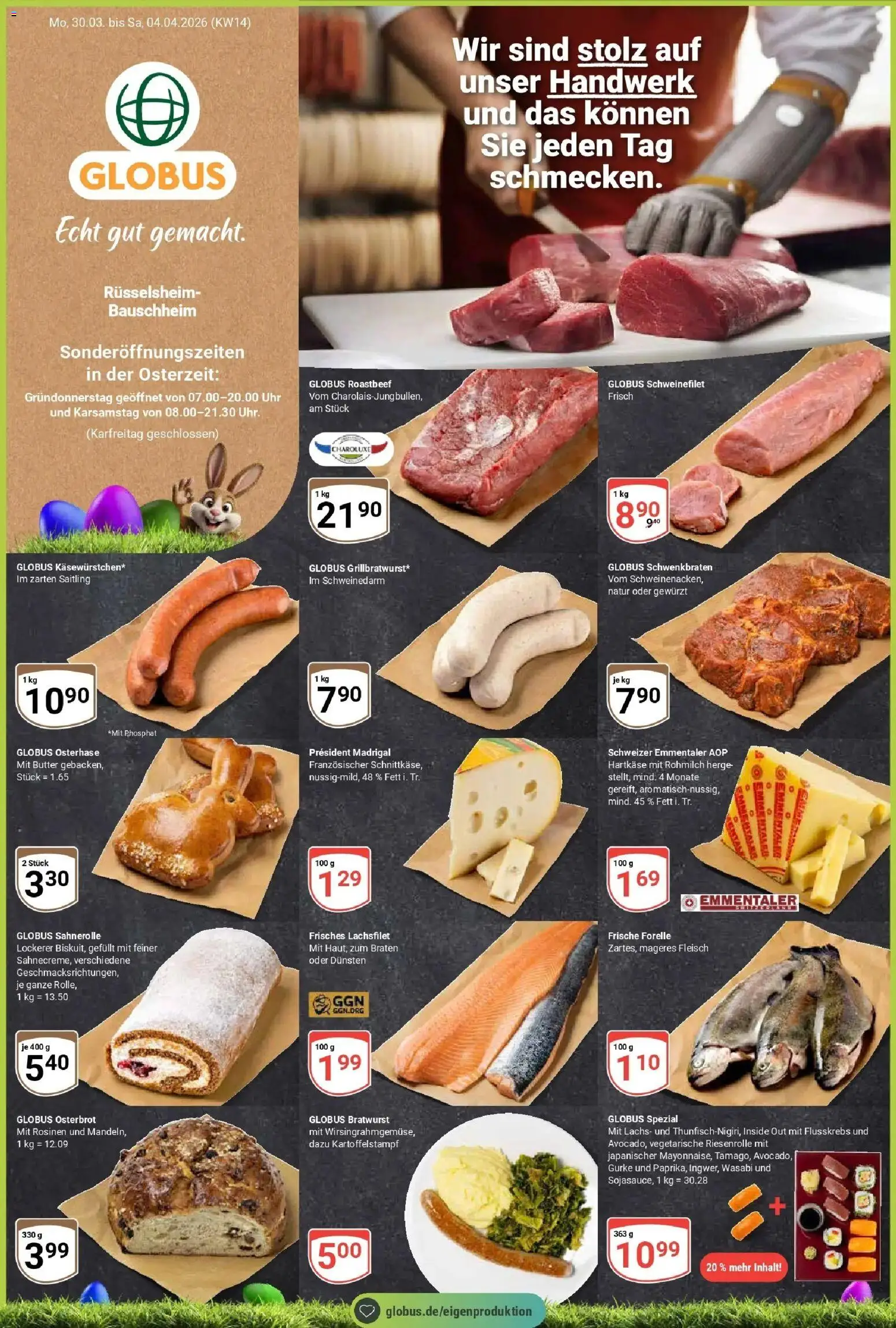 Globus prospekt Rüsselsheim	 – gültig ab 30.03.2026 | Seite: 1 | Produkte: Bratwurst, Schweinefilet, Rosinen, Fleisch