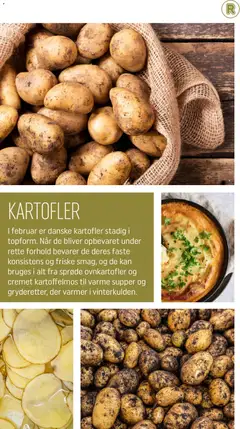 KARTOFLER, I februar er danske kartofler stadig i topform. Når de bliver opbevaret under rette forhold bevarer de deres faste konsistens og friske smag, og de kan bruges i alt fra sprøde ovnkartofler og cremet kartoffelmos til varme supper og gryderetter, der varmer i vinterkulden. gyldig fra 01.02.2026 | Side: 10 | Produkter: Kartofler