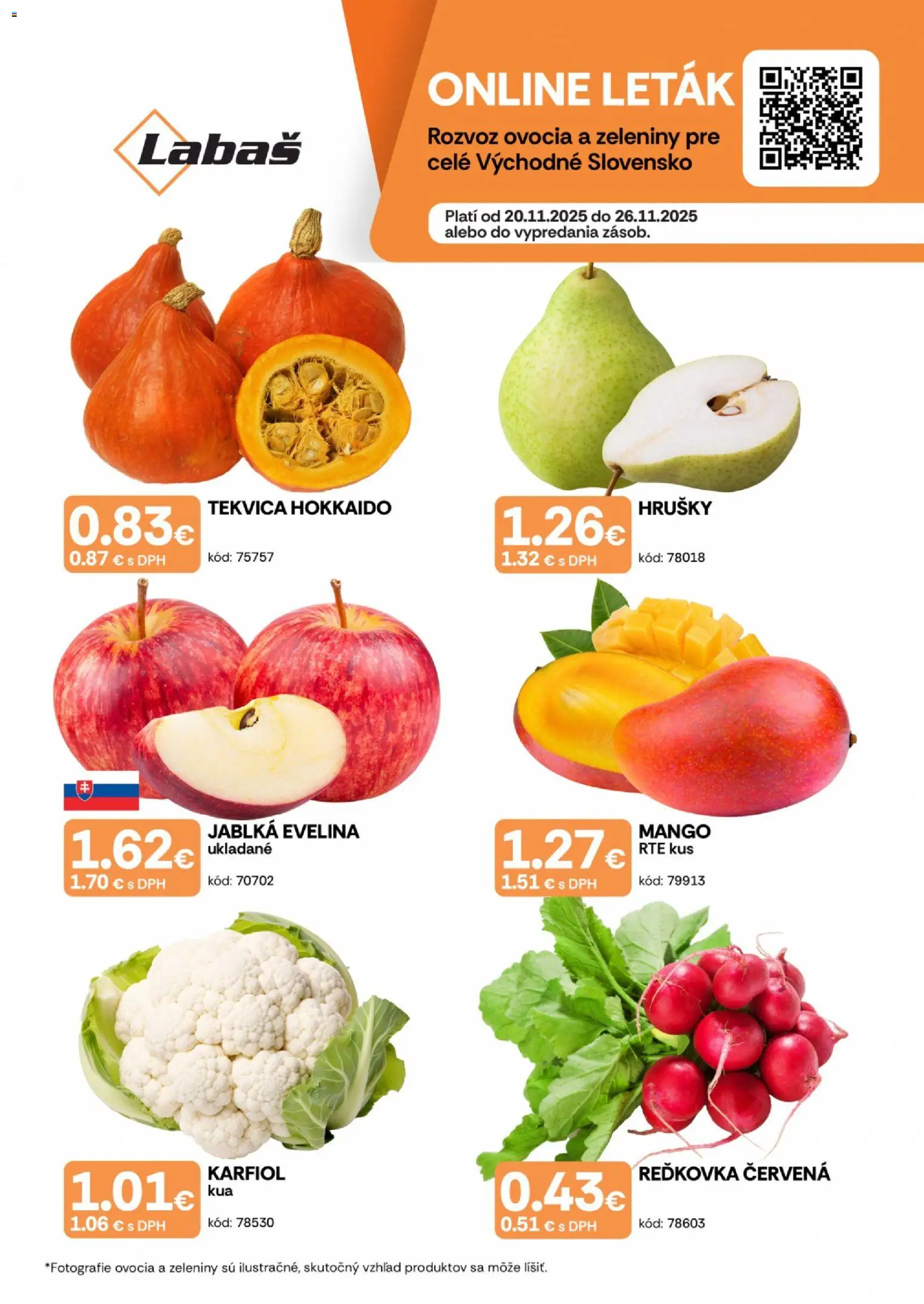 Nové Labaš akcie – leták je platný od 20.11.2025 | Strana: 1 | Produkty: Jablká, Karfiol, Mango, Hrušky