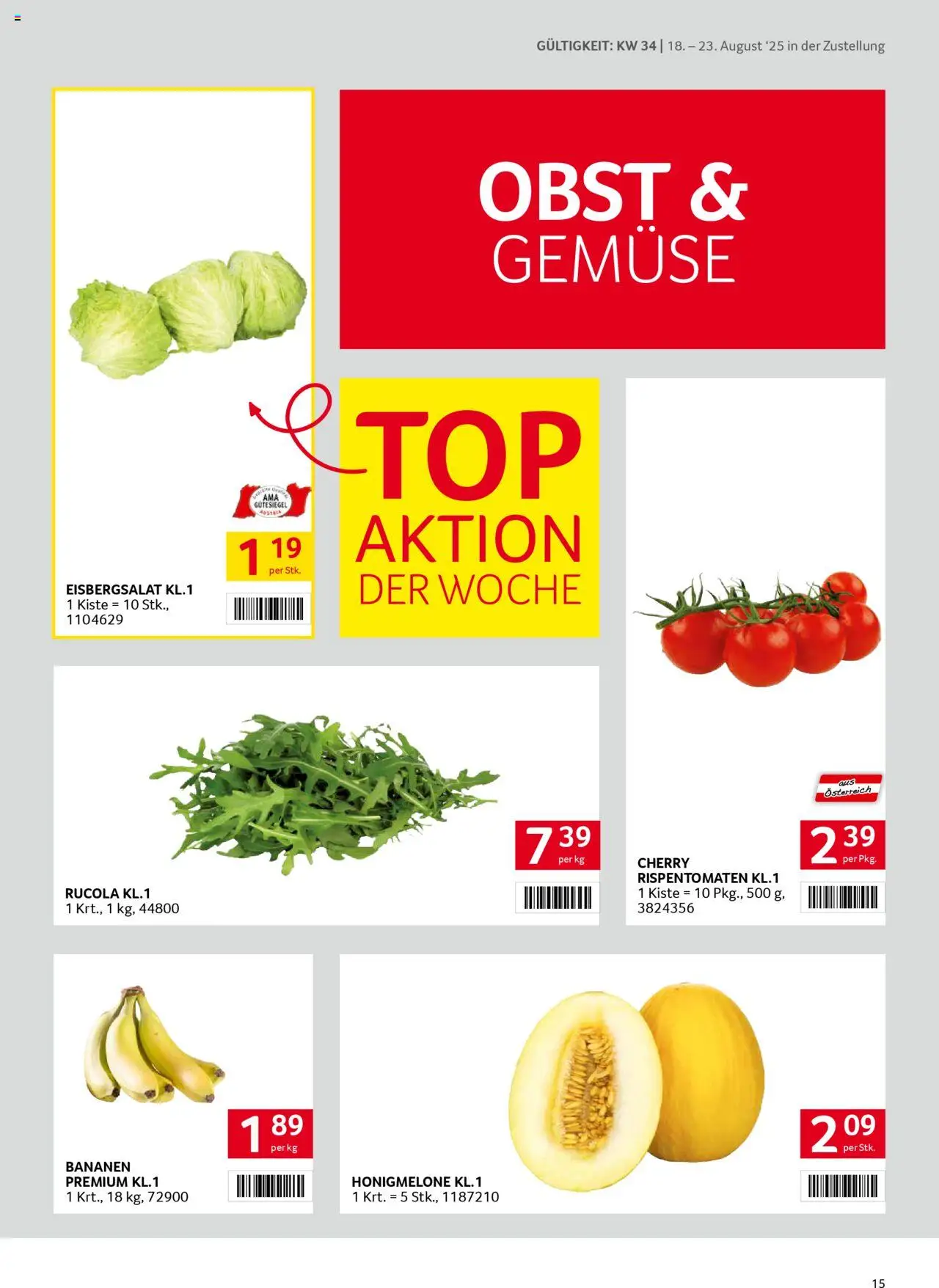 Transgourmet Zustellaktion gültig ab 17.08.2025 | Seite: 15 | Produkte: Gemüse, Obst, Bananen