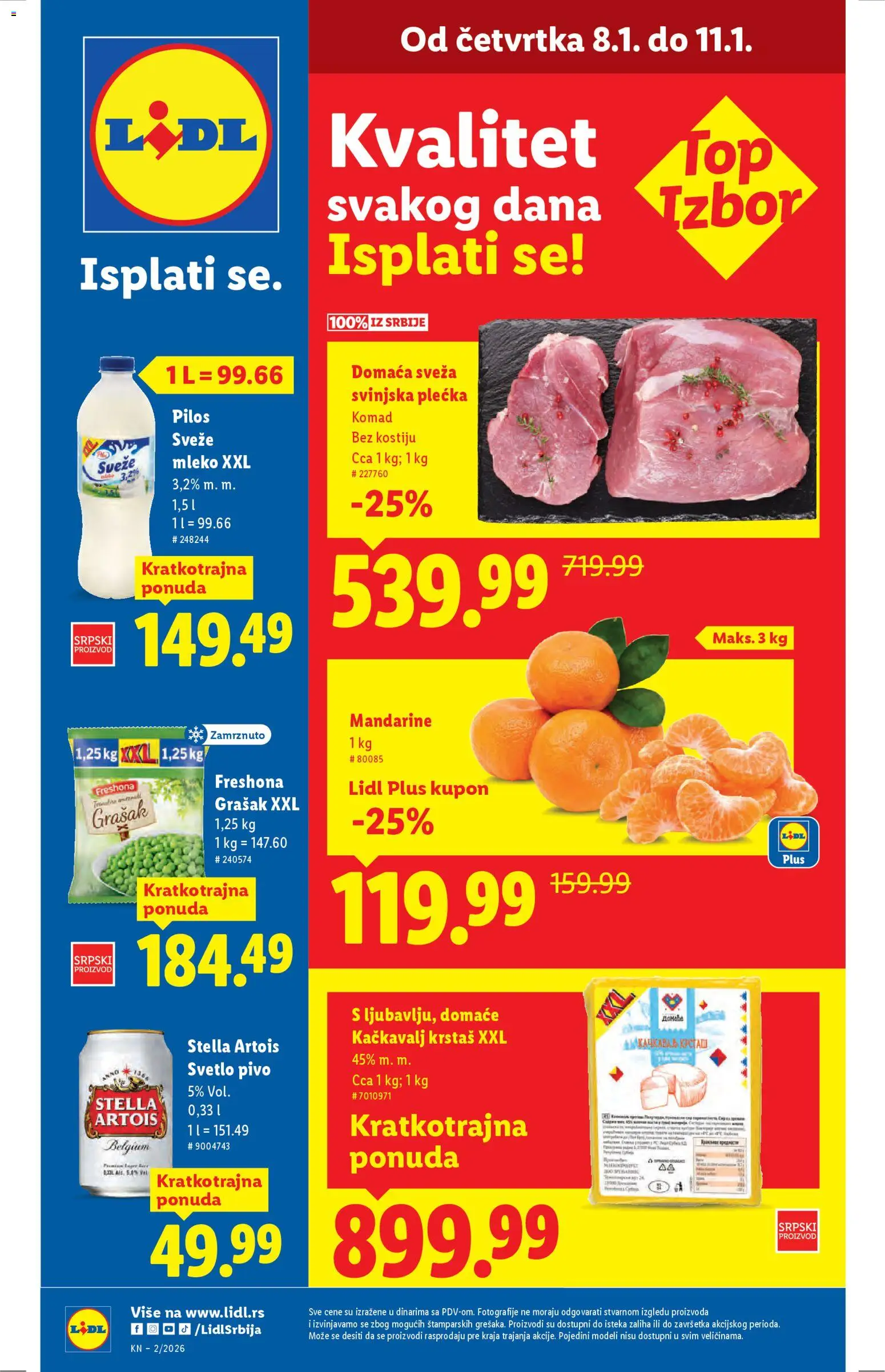 Lidl katalog - važi od 08.01.2026 | Strana: 1 | Proizvode: Mandarine, Stella Artois, Grašak, Kačkavalj