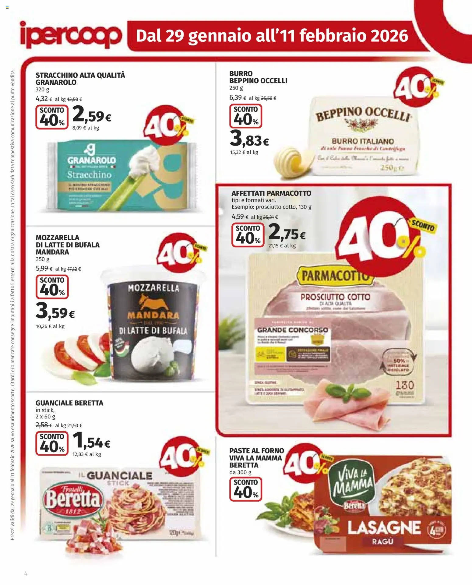 Volantino Ipercoop del 29.01.2026 | Pagina: 4 | Prodotti: Prosciutto Cotto, Mozzarella, Stracchino, Forno