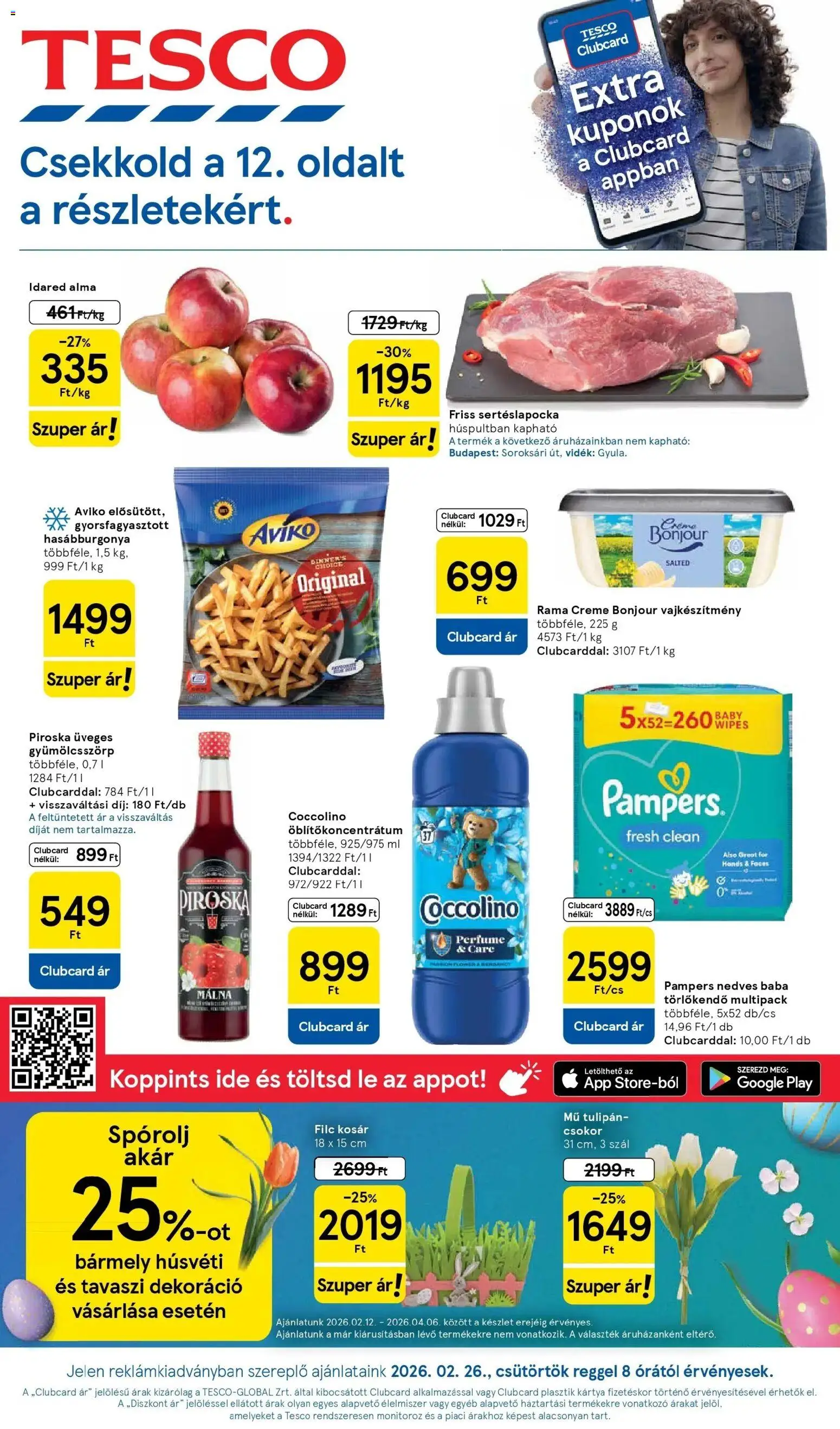 Tesco akciós ujság - amely érvényes a következő dátumtól: 26.02.2026 | Oldal: 1 | Termékek: Törlőkendő, Kosár, Hasábburgonya, Dekoráció