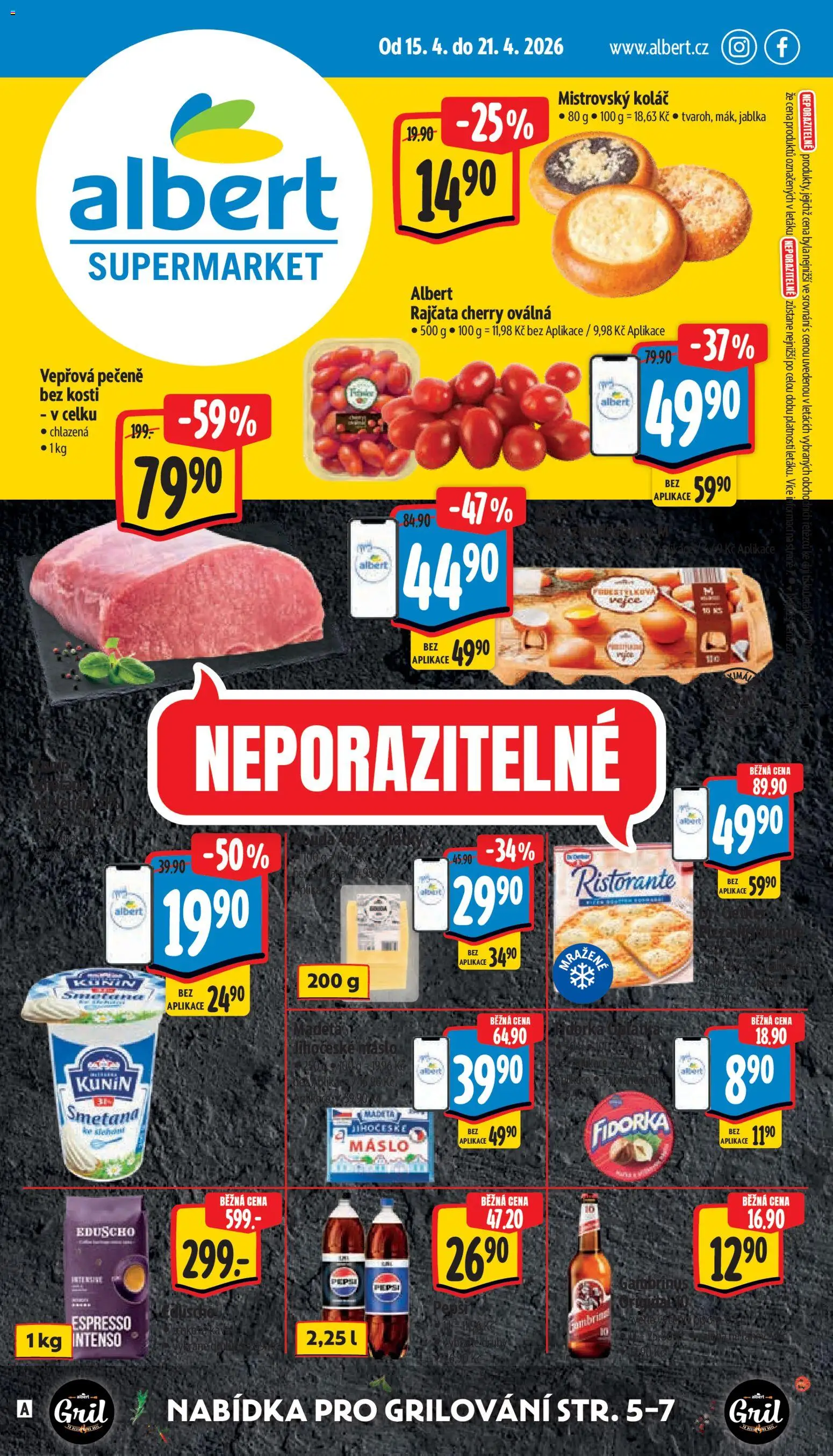 Albert leták - Supermarket od 15.04.2026 | Strana: 1 | Produkty: Jablka, Rajčata, Gril, Fidorka