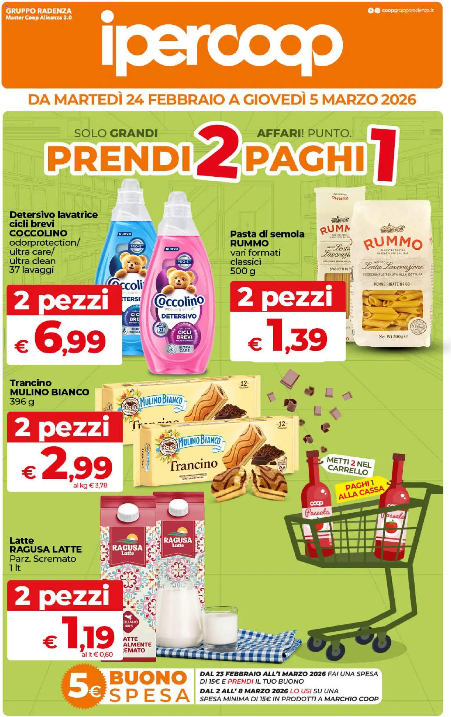 Volantino Ipercoop del 24.02.2026 | Pagina: 1 | Prodotti: Latte, Pasta, Lavatrice, Penne