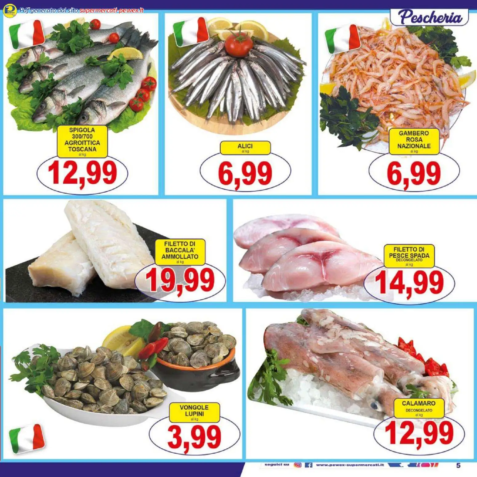 Volantino Pewex del 27.03.2026 | Pagina: 5 | Prodotti: Vongole, Spigola, Pesce spada, Alici