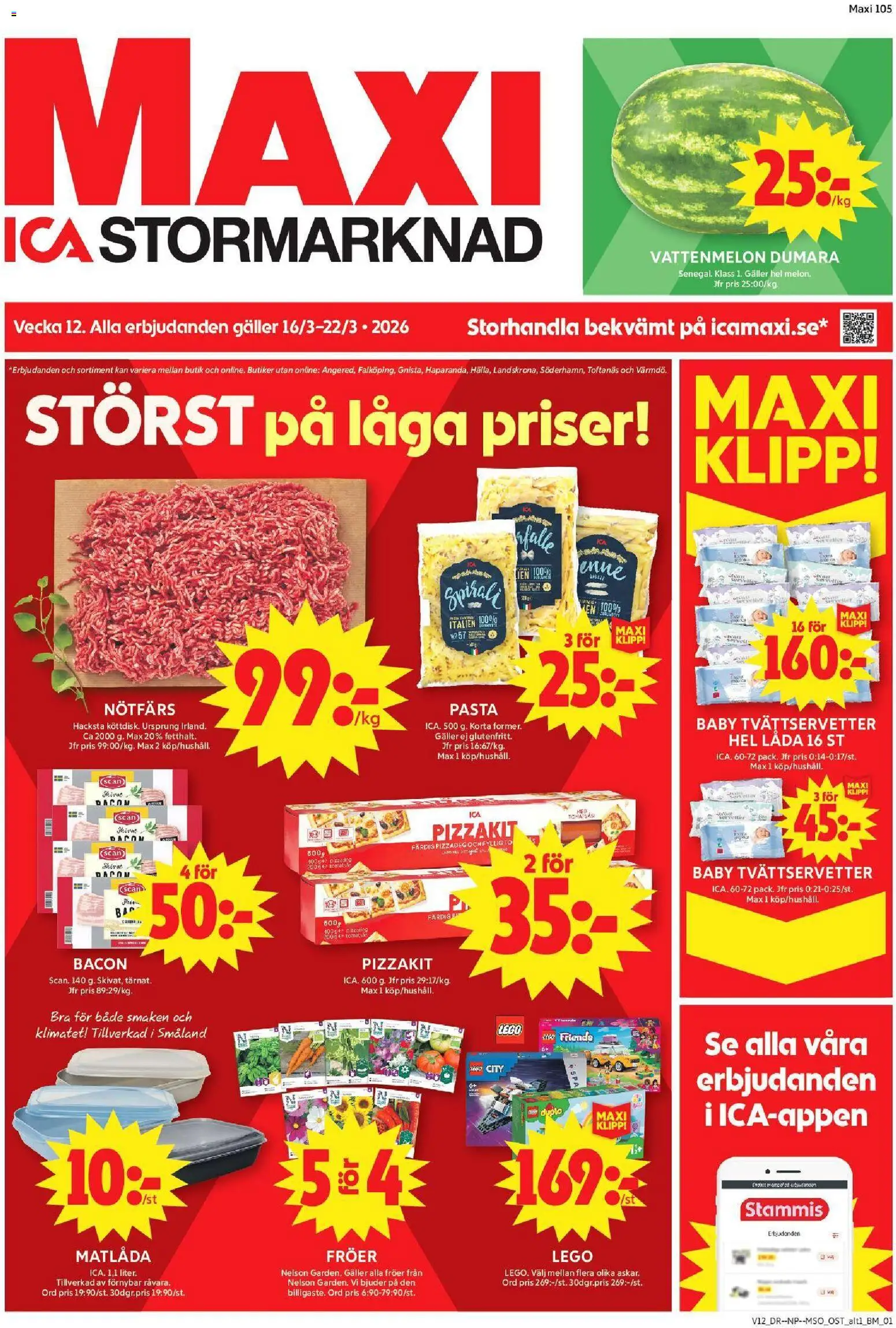 ICA Maxi reklamblad aktuell från 16.03.2026 | Sida: 1 | Produkter: Nötfärs, Galler, Låda, Ost