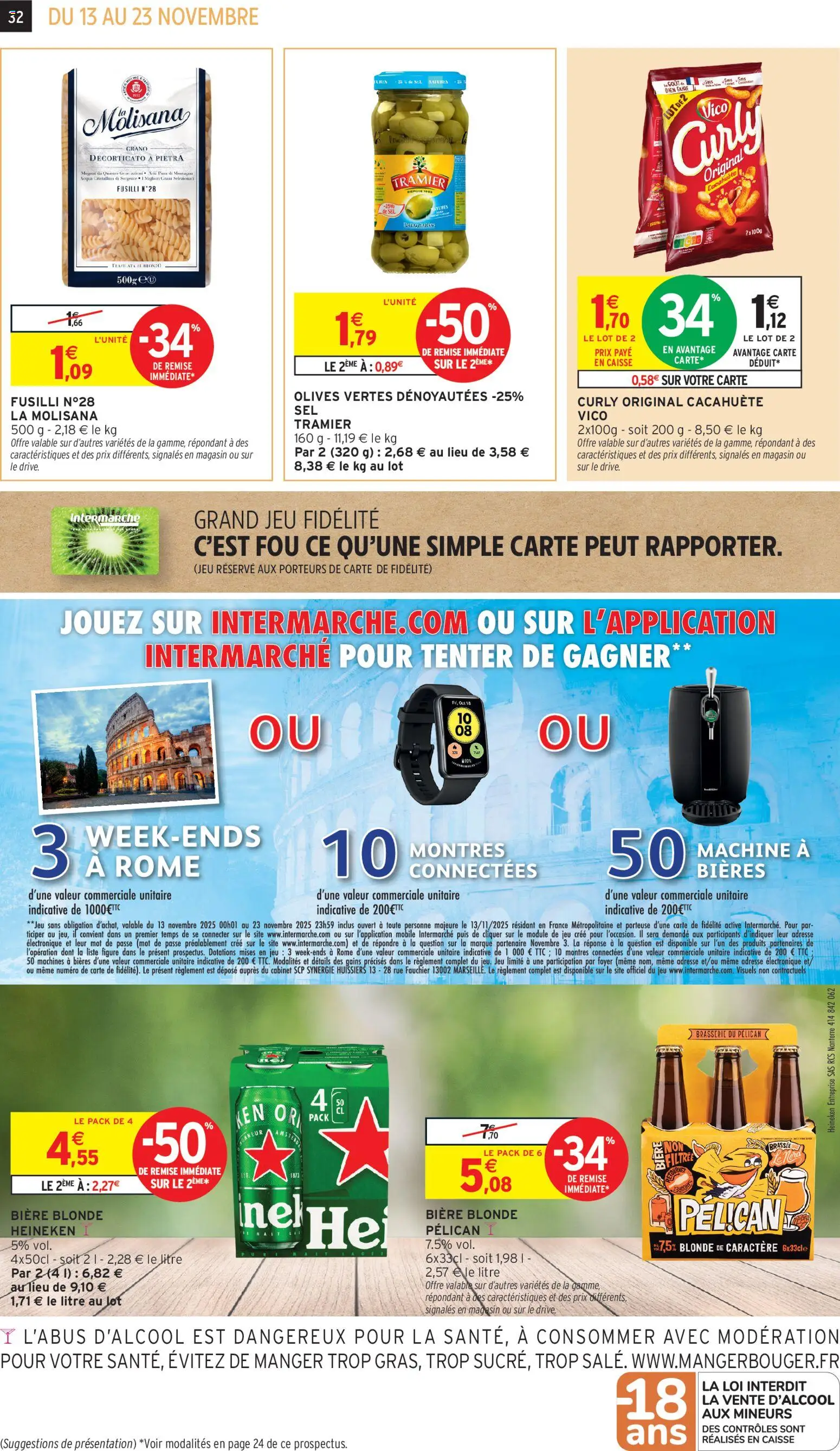 {H1} | Page: 32 | Produits: Cacahuète, Olives, Fusilli, Bière blonde Heineken