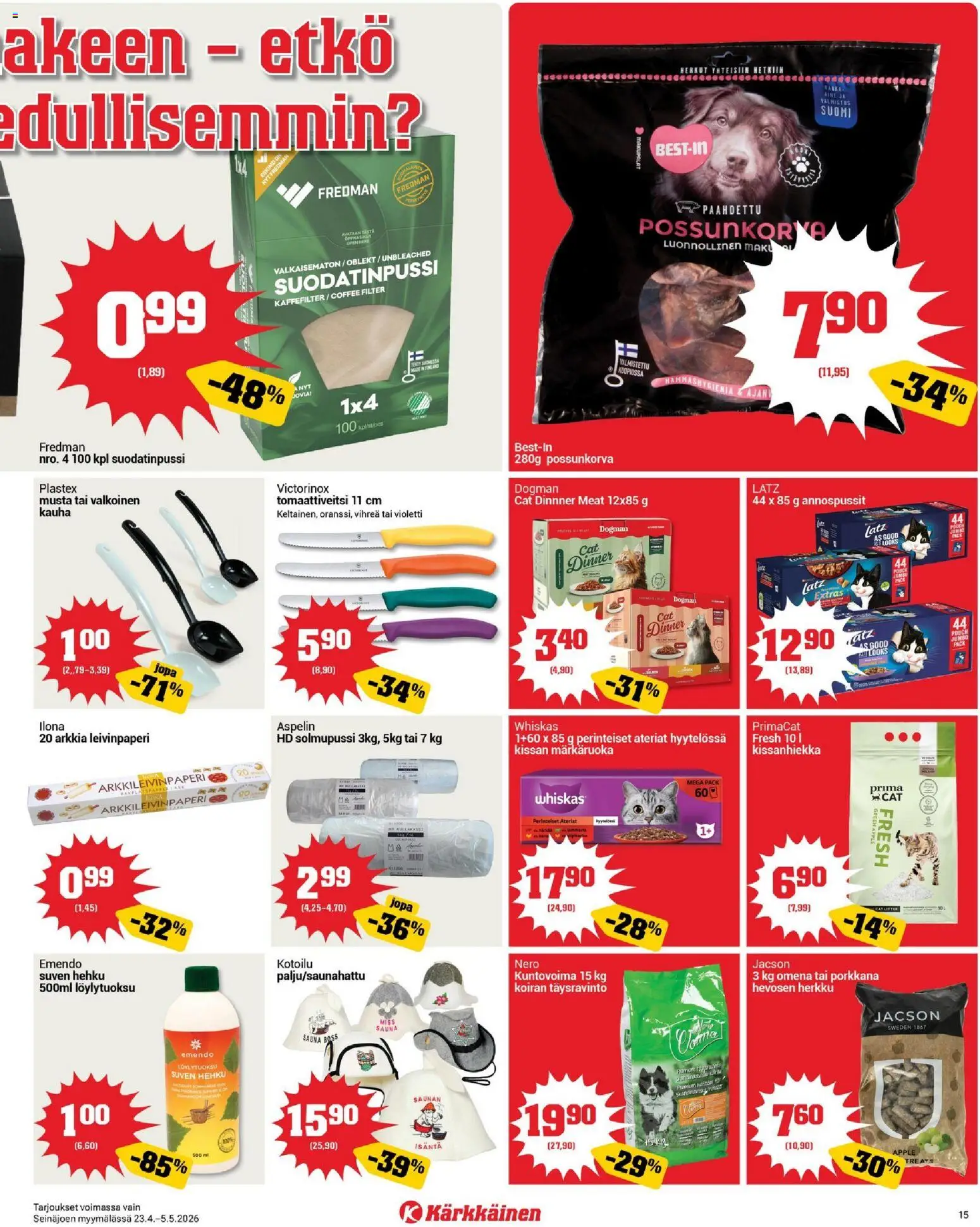 Kärkkäinen tarjoukset - Seinäjoen alue – voimassa 23.04.2026 alkaen | Sivu: 15 | Tuotteet: Leivinpaperi, Kissanhiekka, Porkkana