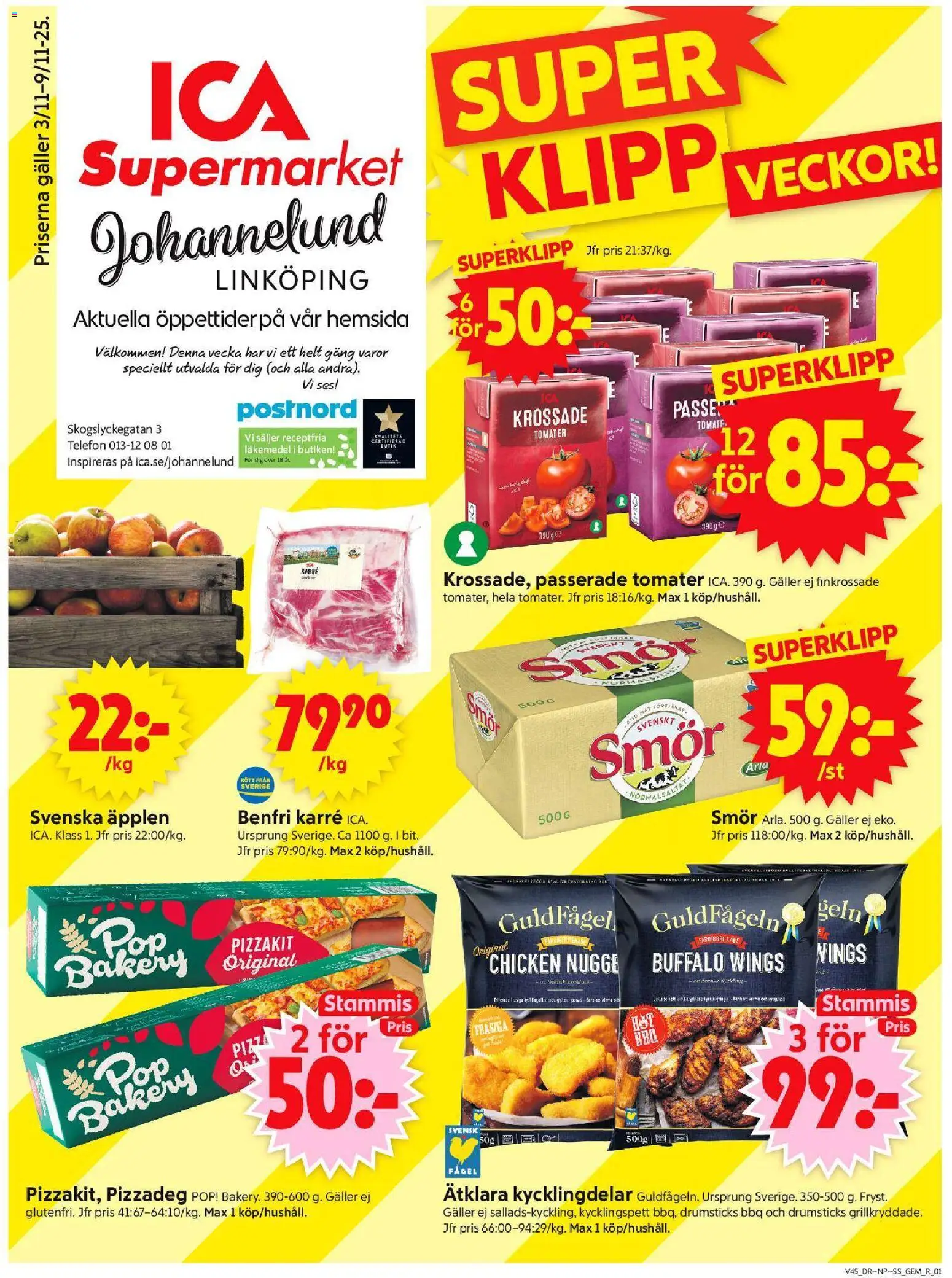 ICA Supermarket reklamblad aktuell från 03.11.2025 | Sida: 1 | Produkter: Pizza, Äpplen, Tomater, Telefon