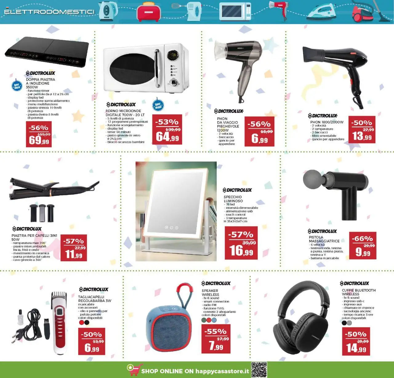 Volantino Happy Casa del 27.08.2025 | Pagina: 16 | Prodotti: Microonde, Cuffie, Speaker, Specchio