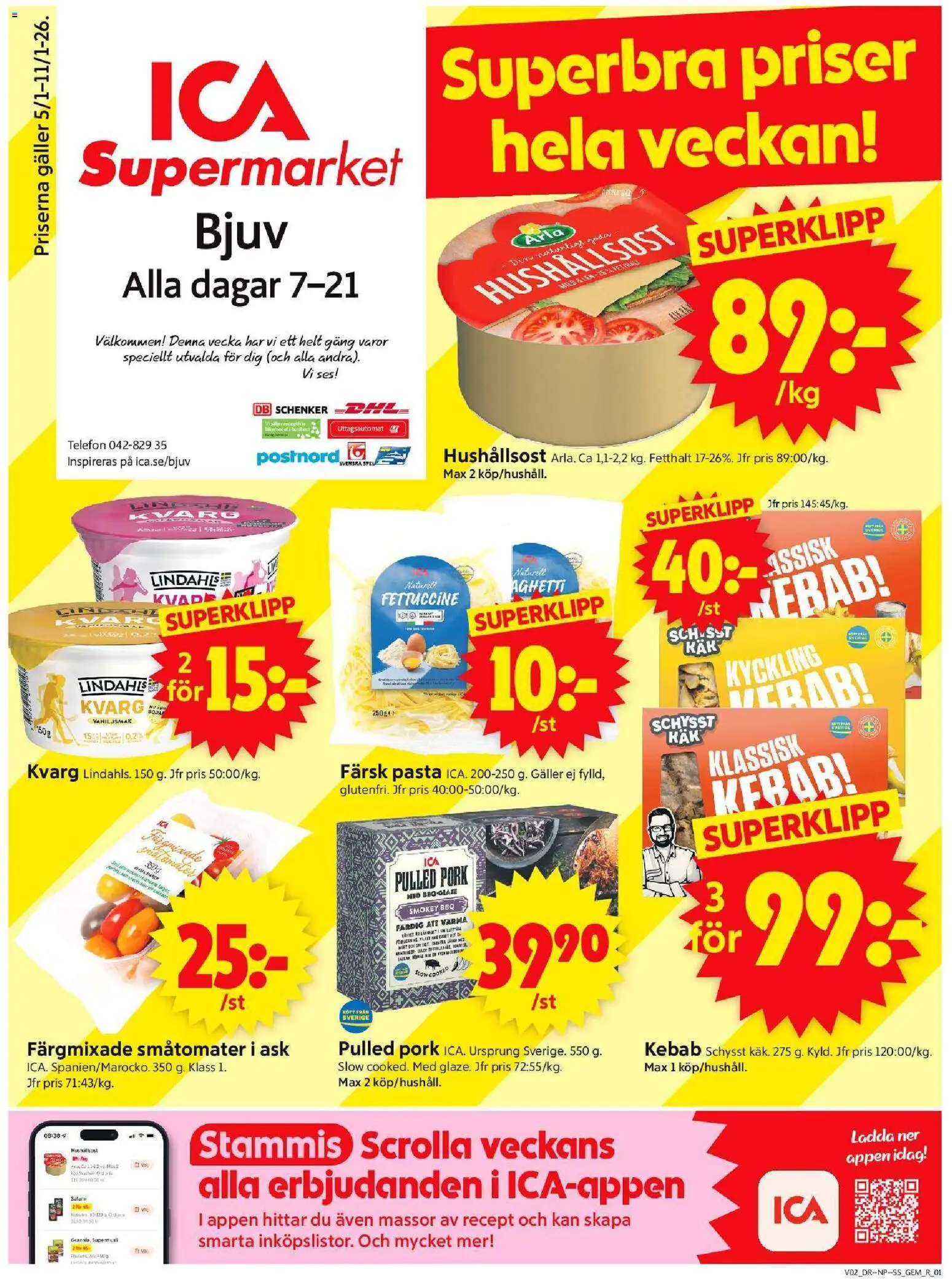 ICA Supermarket reklamblad aktuell från 05.01.2026 | Sida: 1 | Produkter: Hushållsost, Salami, Telefon, Kvarg