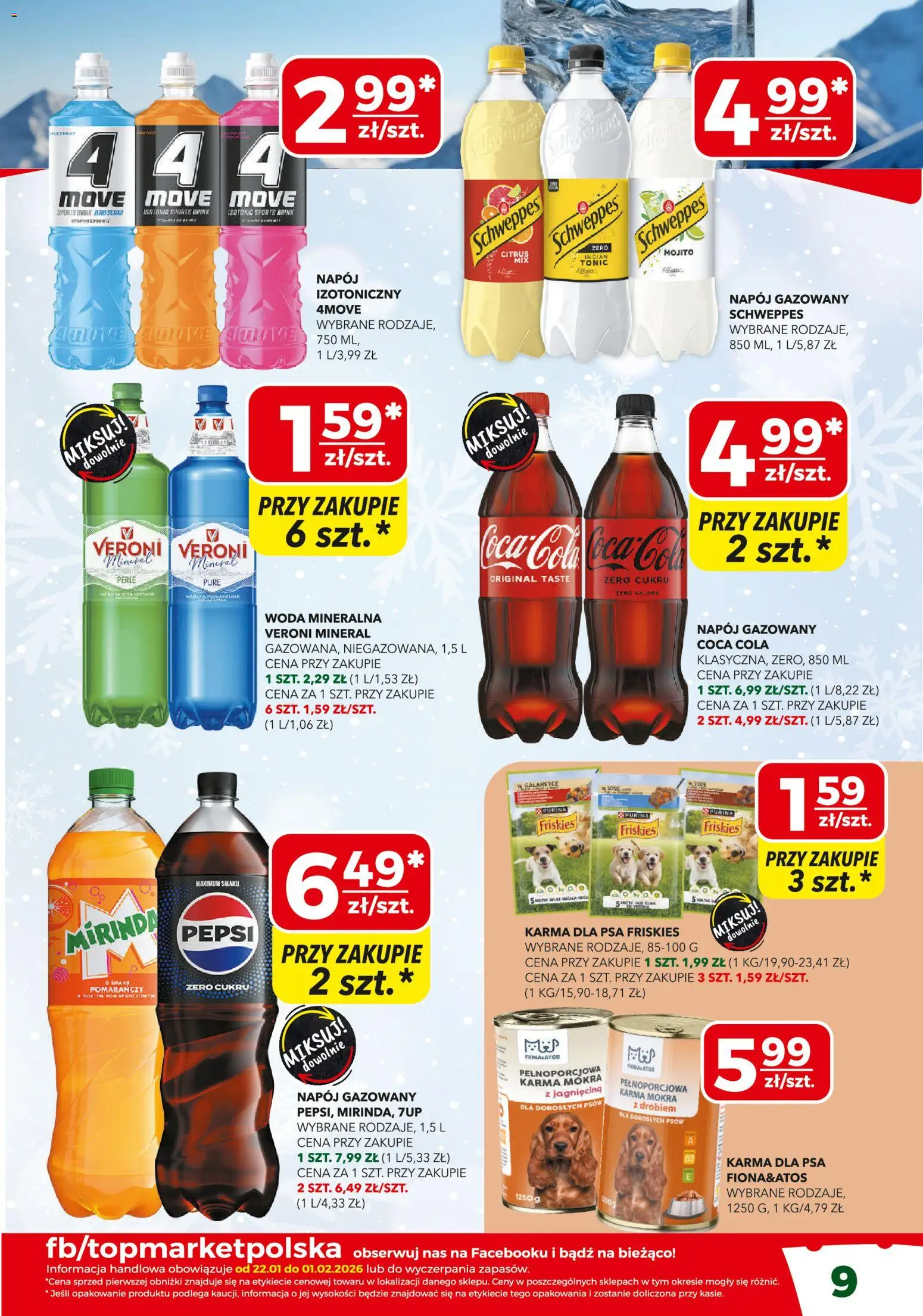 Top Market Gazetka od 22.01.2026 | Strona: 9 | Produkty: Pepsi, Coca cola, Karma dla psa, Woda