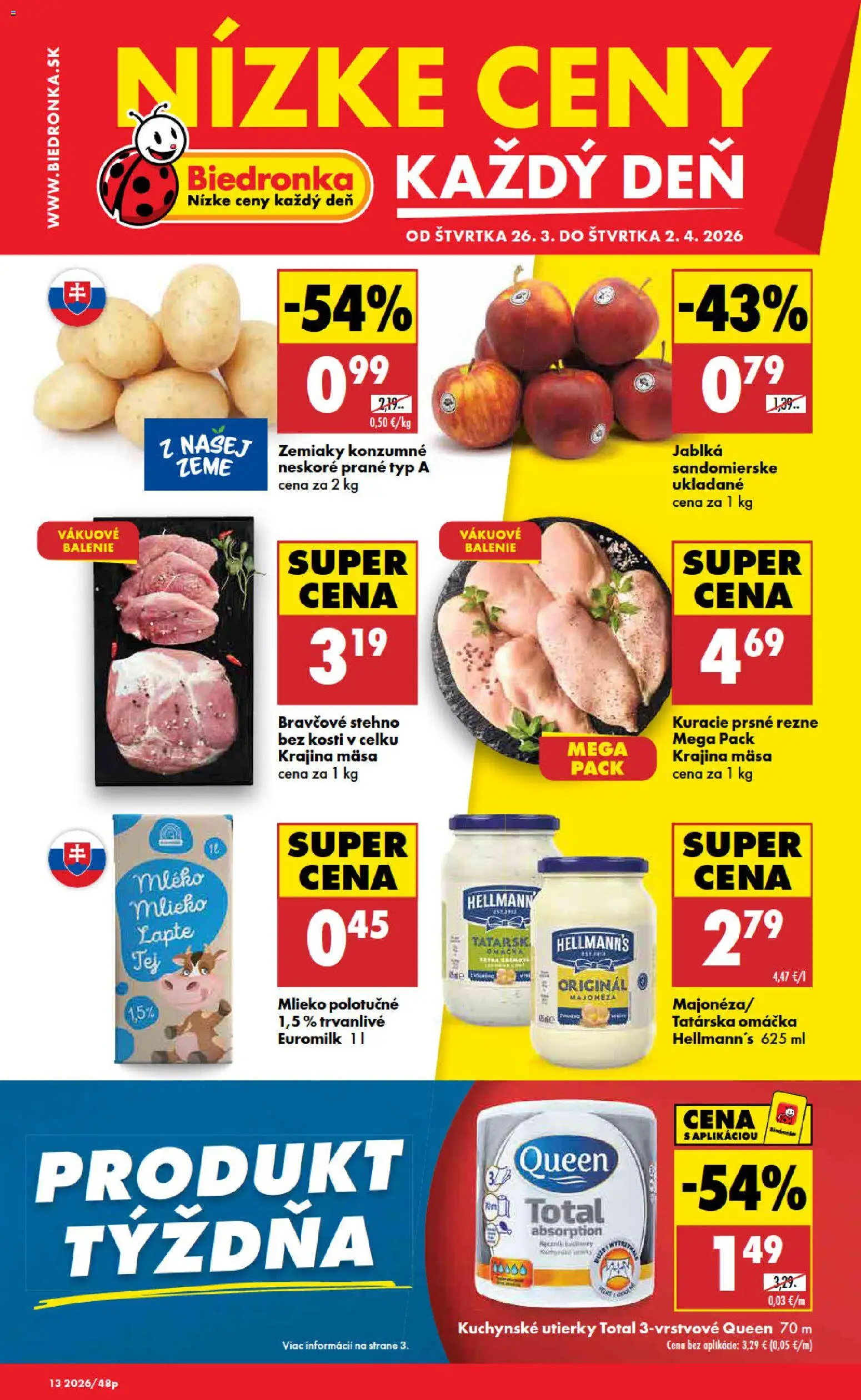 Nové Biedronka akcie – leták je platný od 26.03.2026 | Strana: 1 | Produkty: Jablká, Zemiaky, Tatárska omáčka, Omáčka