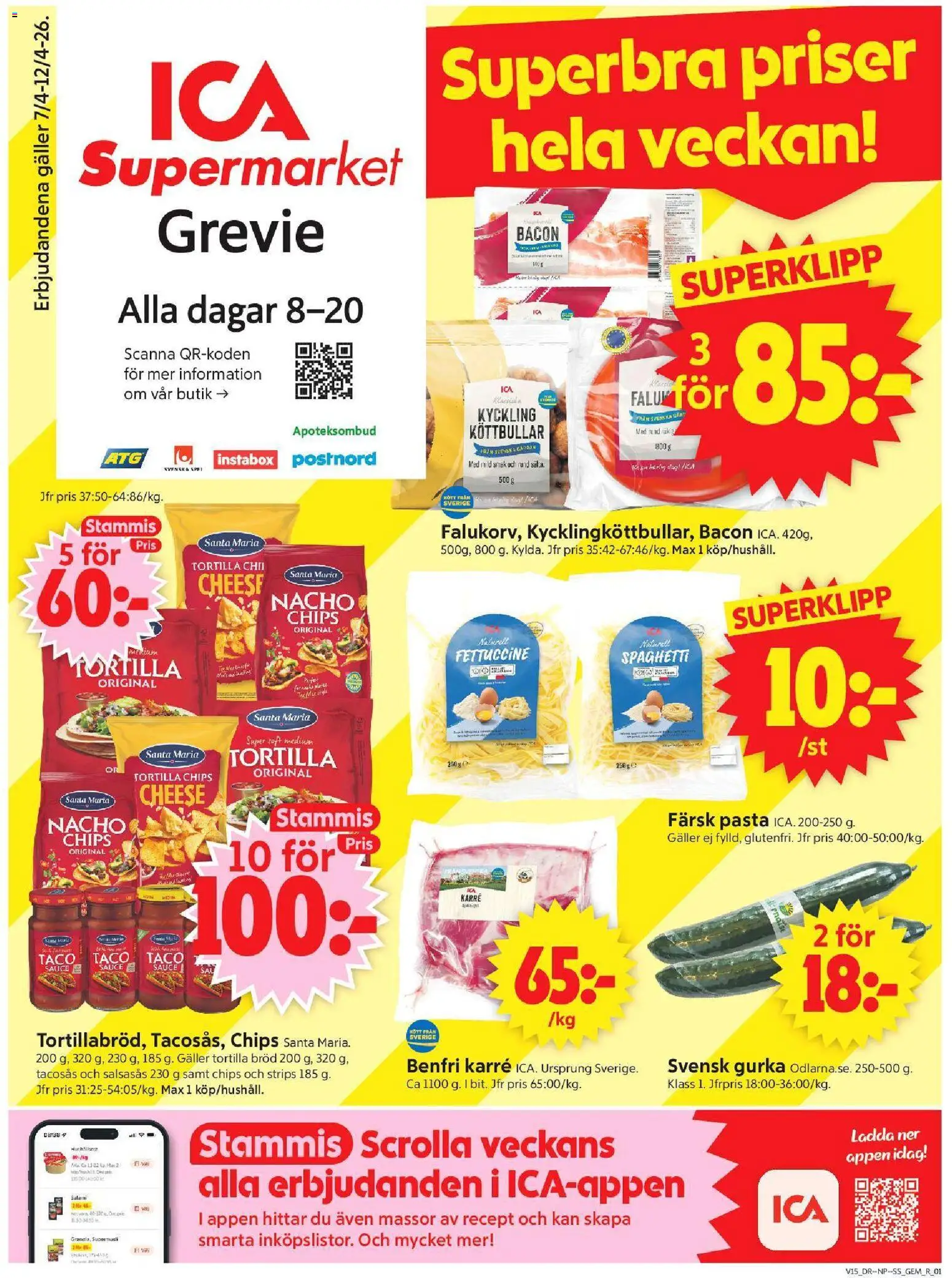 ICA Supermarket reklamblad aktuell från 06.04.2026 | Sida: 1 | Produkter: Köttbullar, Tacosås, Chips, Salami