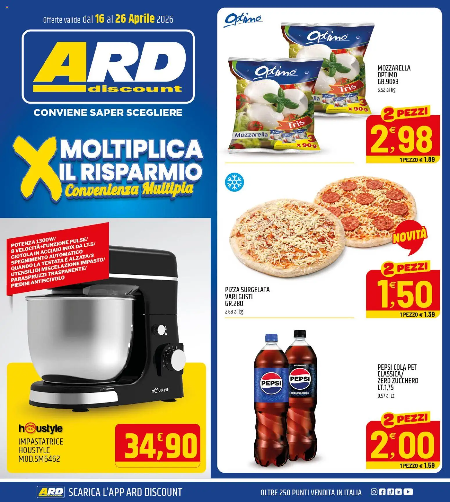 Volantino ARD Discount del 16.04.2026 | Pagina: 1 | Prodotti: Pizza, Impastatrice, Zucchero, Mozzarella