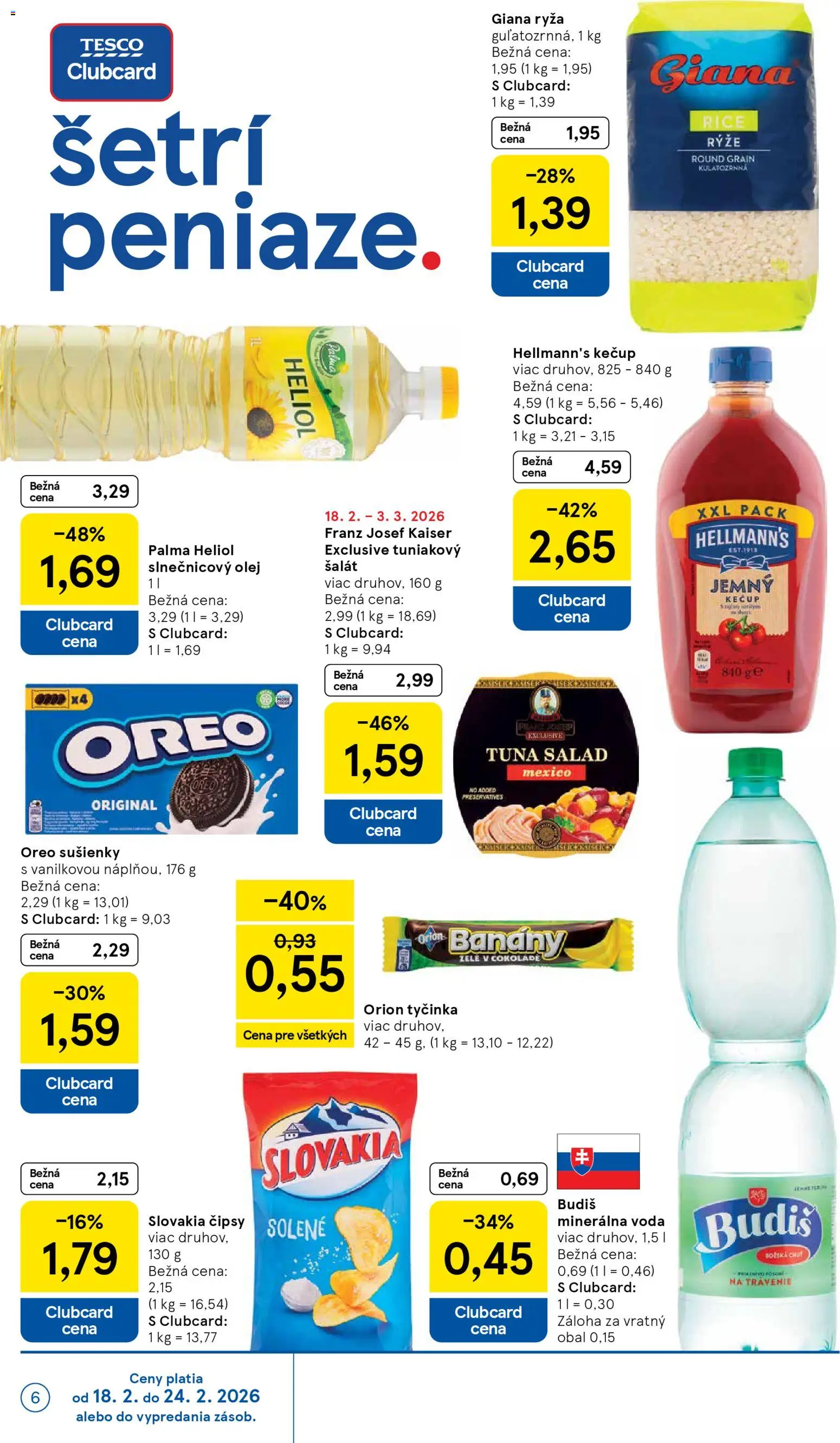 Nové Tesco akcie – leták je platný od 18.02.2026 | Strana: 6 | Produkty: Ryža, Kečup, Voda, Minerálna voda
