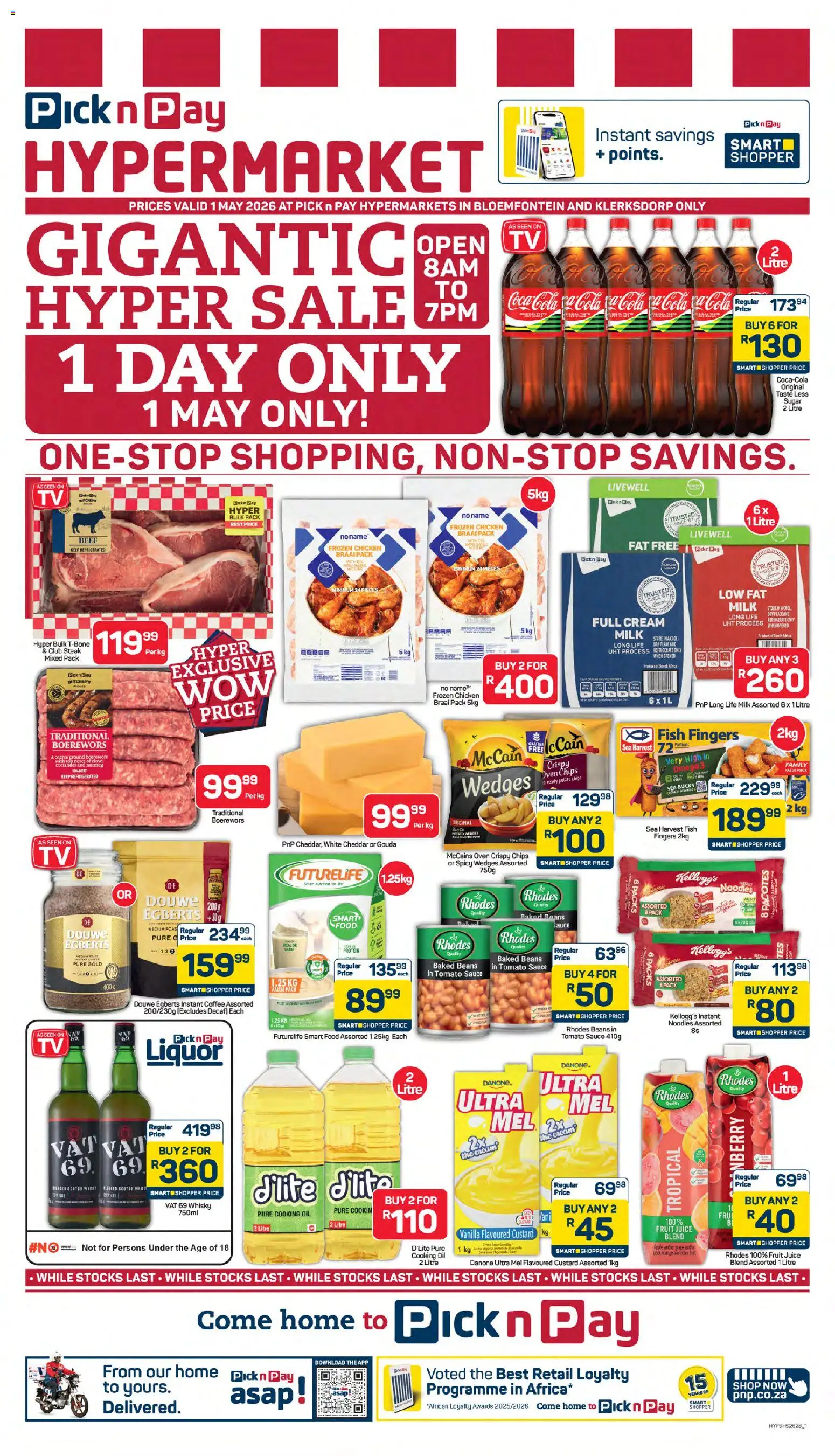 New Pick n Pay catalogue – valid from 01.05.2026 | Page: 1 | Products: Baked beans, Oil, Coffee, Fruit