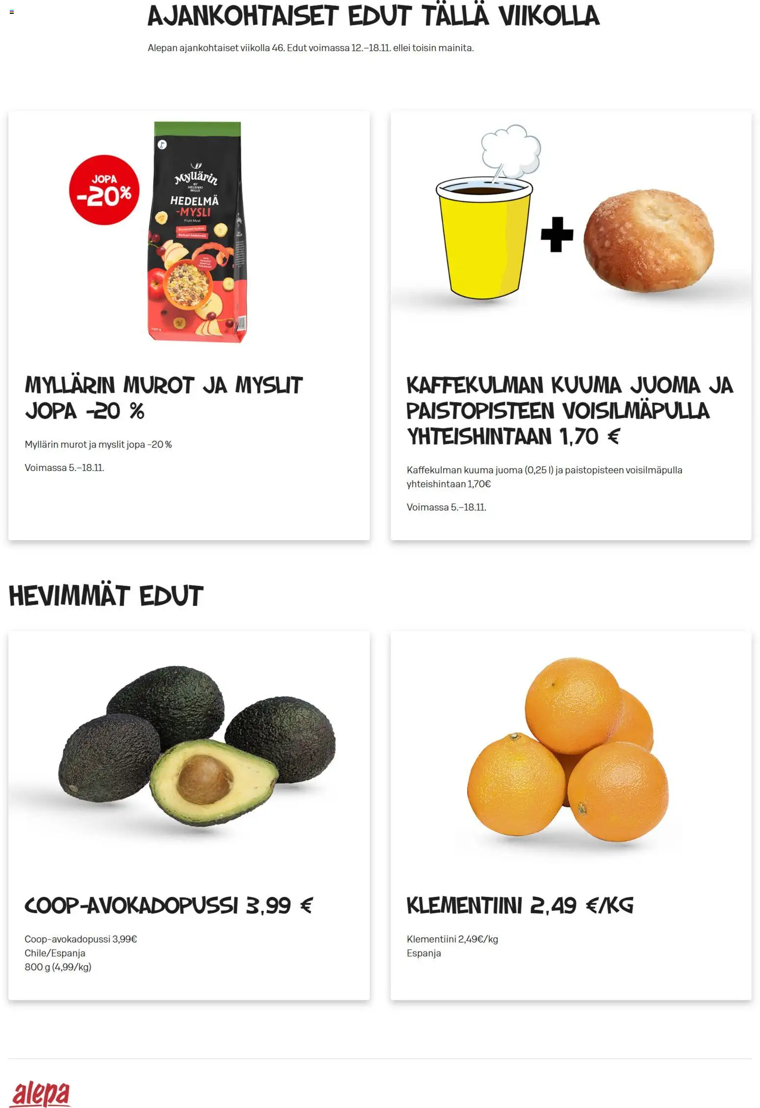 Alepa tarjoukset – voimassa 12.11.2025 alkaen | Sivu: 1 | Tuotteet: Mysli, Klementiini, Murot