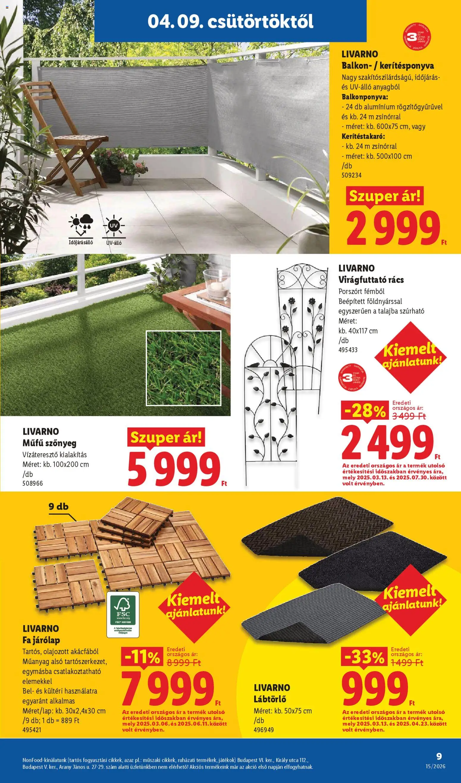 Lidl akciós ujság - amely érvényes a következő dátumtól: 09.04.2026 | Oldal: 9 | Termékek: Szőnyeg, Lábtörlő, Műfű, Járólap