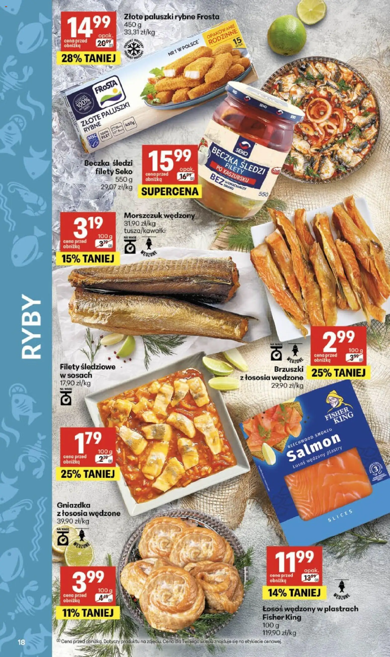 Delikatesy Centrum Gazetka - Sklepy Własne od 26.02.2026 | Strona: 18 | Produkty: Łosoś wędzony, Łosoś, Paluszki rybne frosta, Morszczuk