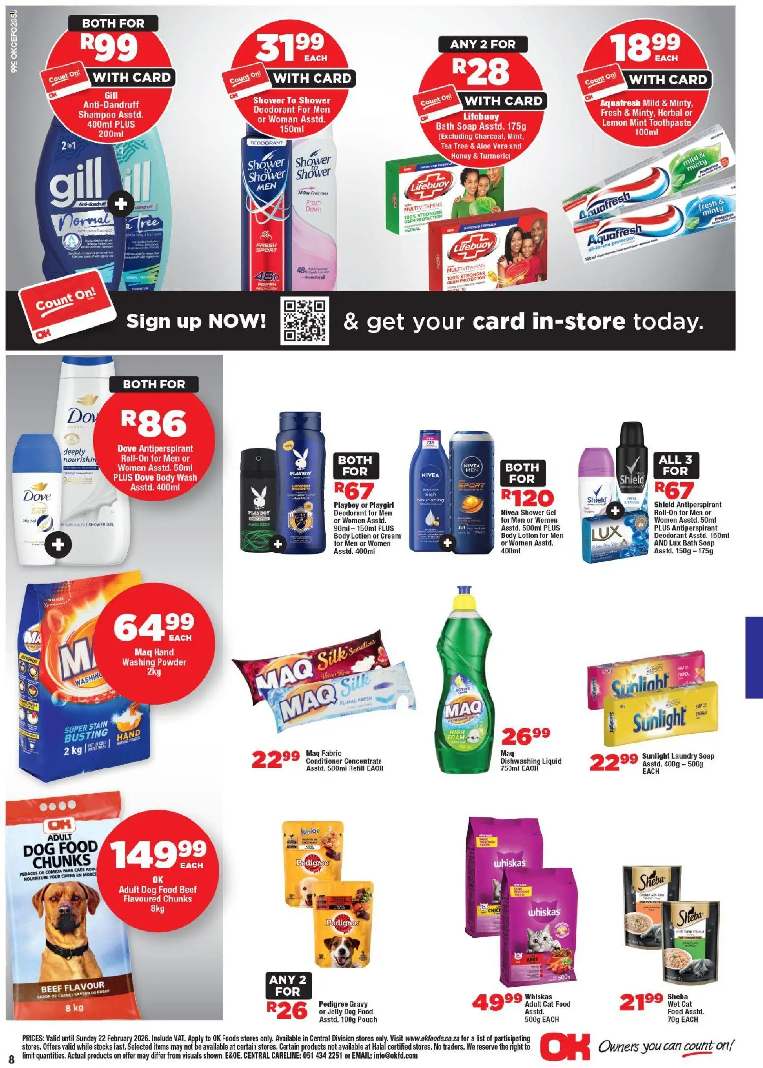 New OK Foods catalogue – valid from 11.02.2026 | Page: 8 | Products: Tuna, Foam, Body wash, Dog food