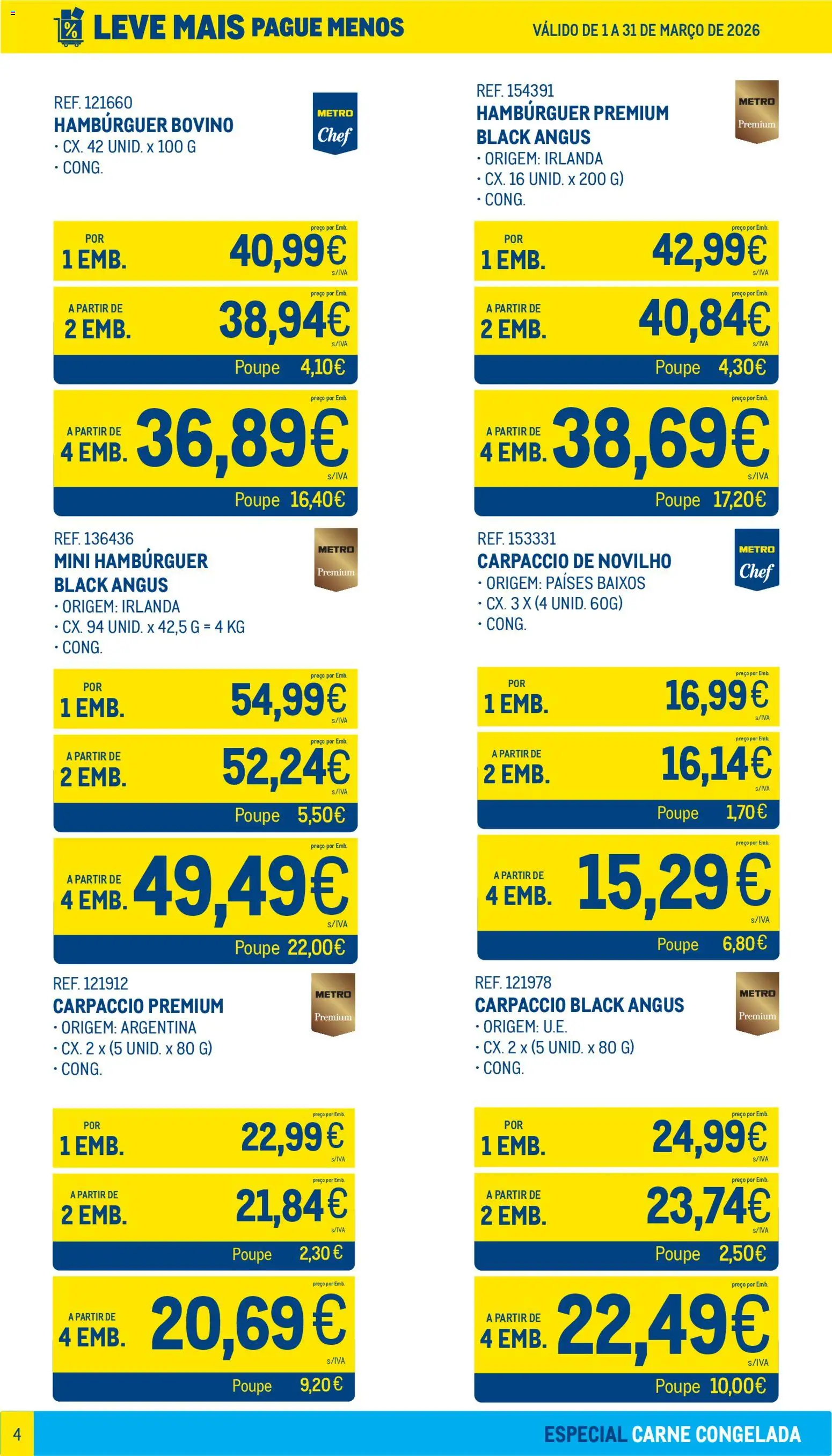 Makro Leve Mais Pague Menos - Carne Congelada │ válido de 01.03.2026 | Página: 4 | Produtos: Hambúrguer, Carpaccio de novilho, Carne