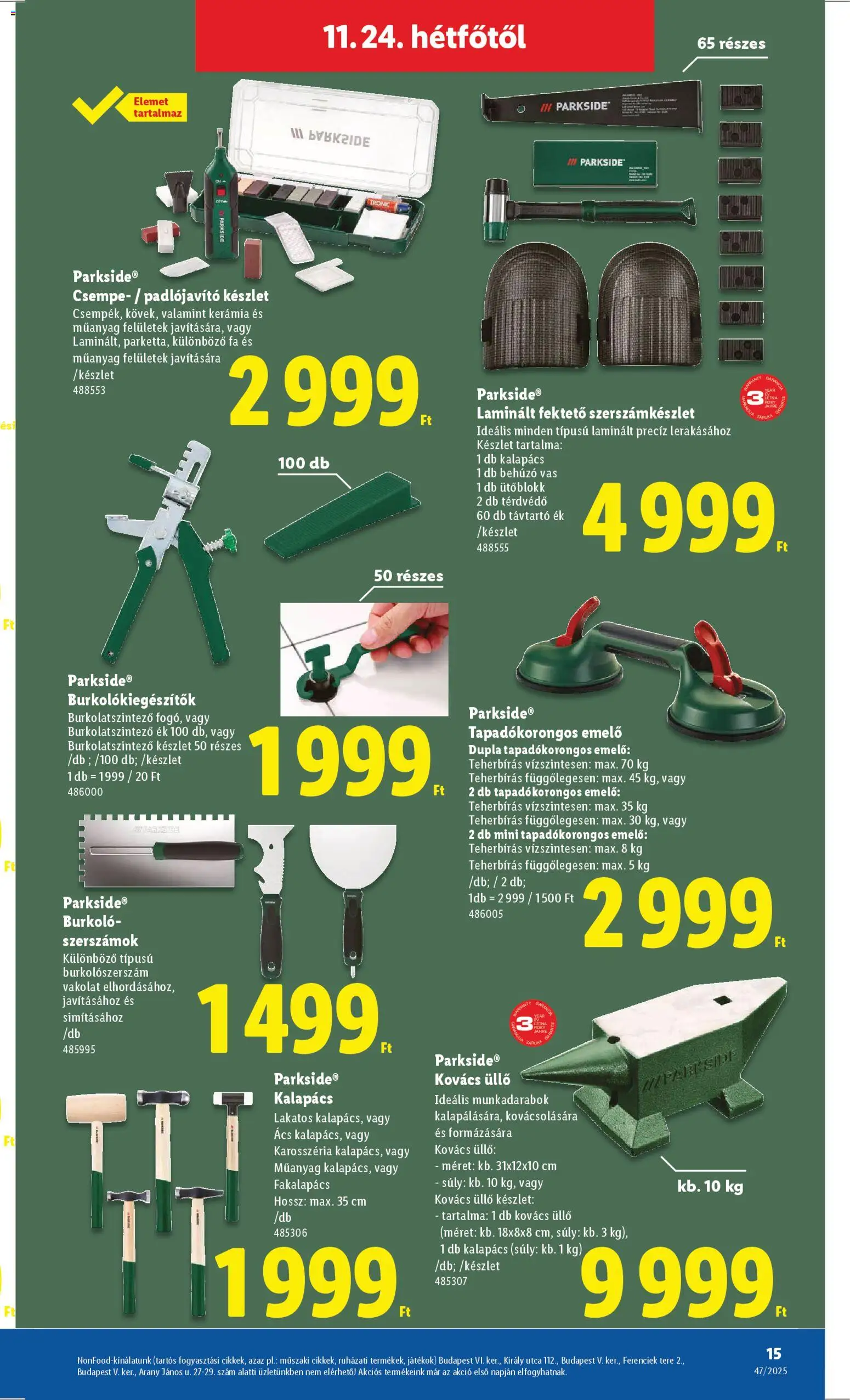 Lidl akciós ujság - amely érvényes a következő dátumtól: 20.11.2025 | Oldal: 15 | Termékek: Kalapács, Játékok, Szerszámok, Csempe