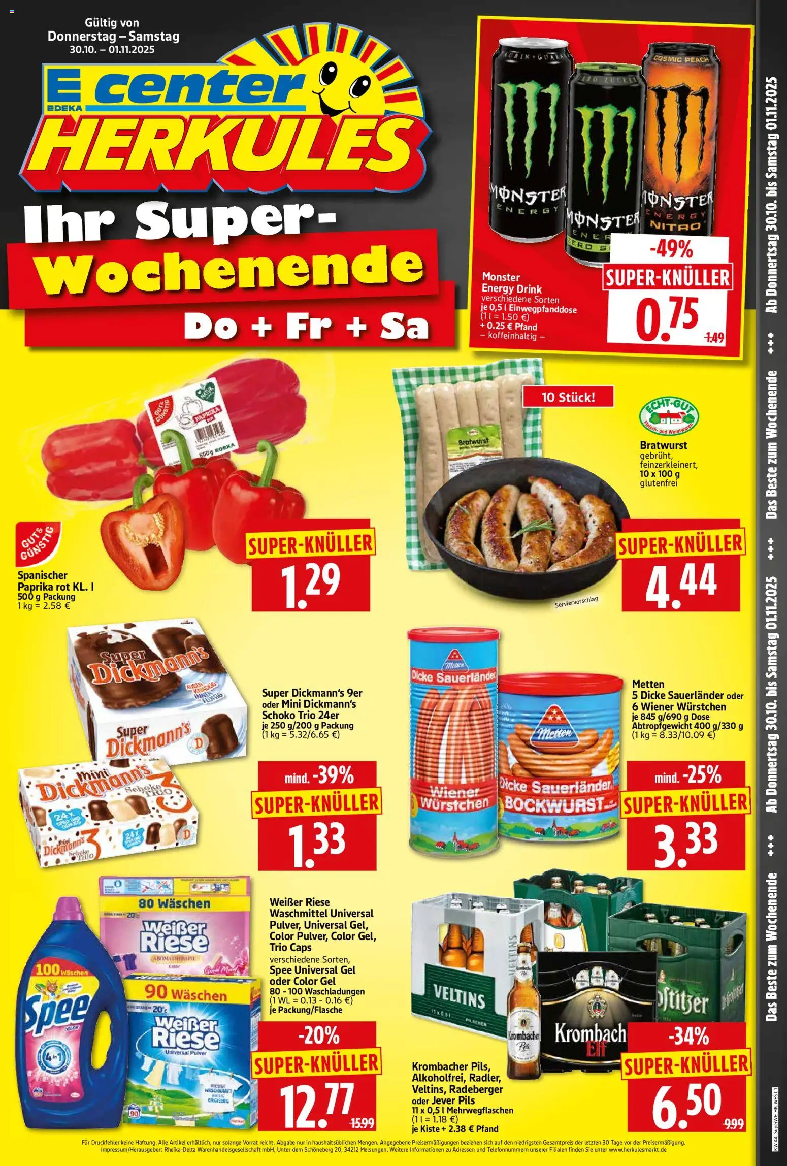 HERKULES Sonderbeilage – gültig ab 30.10.2025 | Seite: 1 | Produkte: Wiener wurstchen, Paprika rot, Spee, Veltins