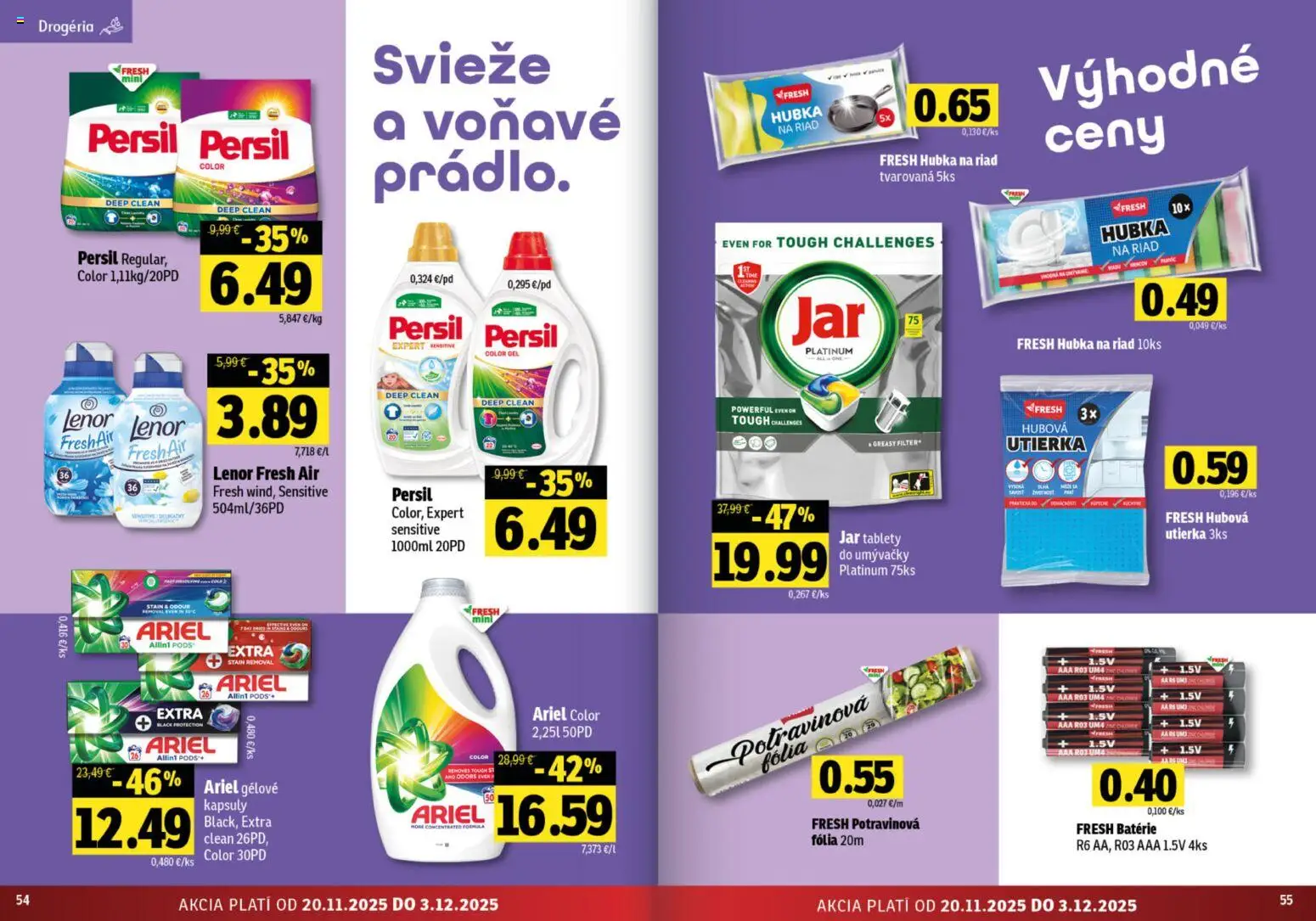 Nové Fresh akcie – leták je platný od 20.11.2025 | Strana: 28 | Produkty: Persil, Hubka, Jar, Lenor