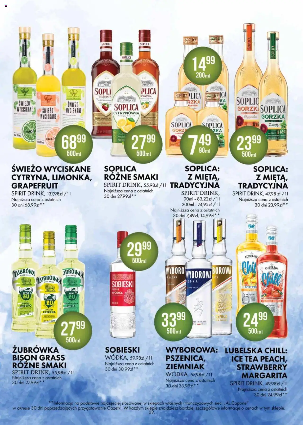 Al.Capone Gazetka od 11.08.2025 | Strona: 29 | Produkty: Mięta, Żubrówka, Vodka, Wódka