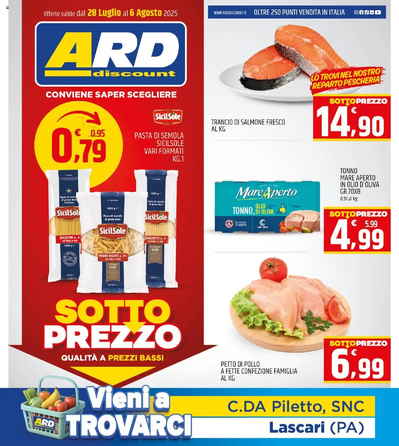 Volantino ARD Discount del 28.07.2025 | Pagina: 1 | Prodotti: Pollo, Salmone, Olio, Penne